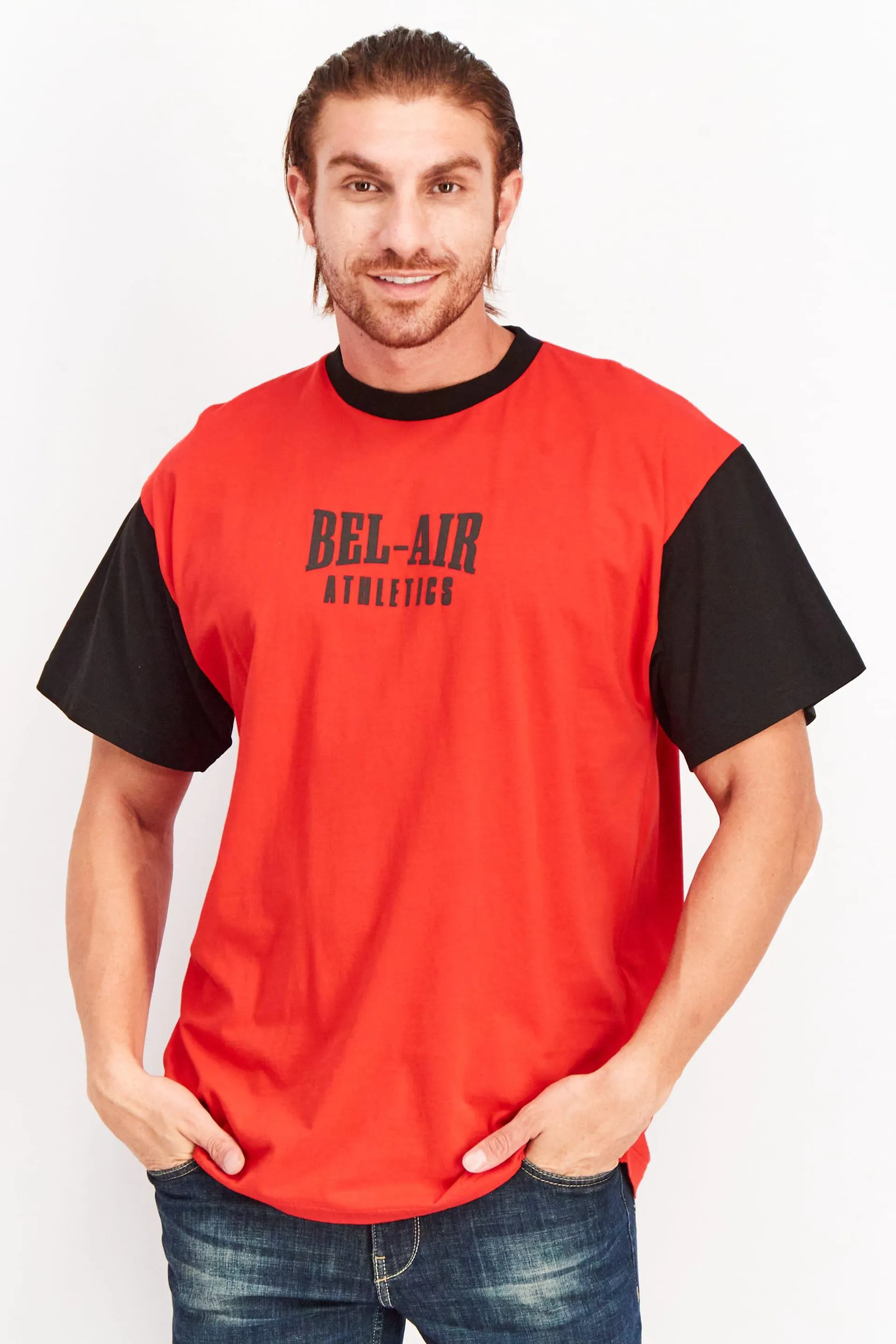 Men Sportswear Fit Short Sleeve Training T shirt, Red/Black
