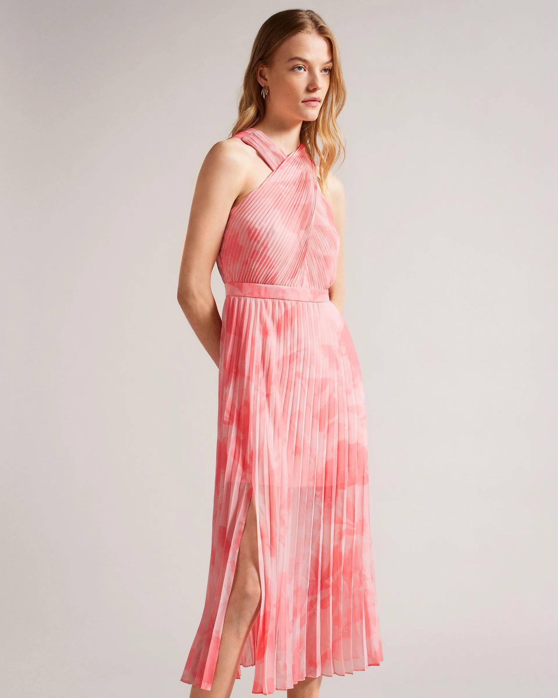 Cross Front Pleated Midi Dress