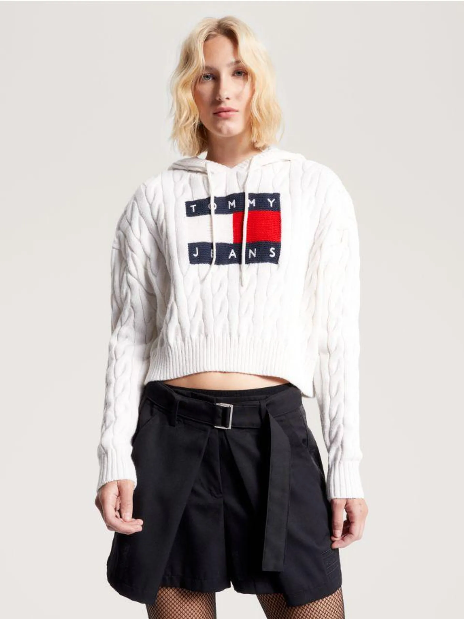 Cropped Cable Knit Flag Badge Hoody