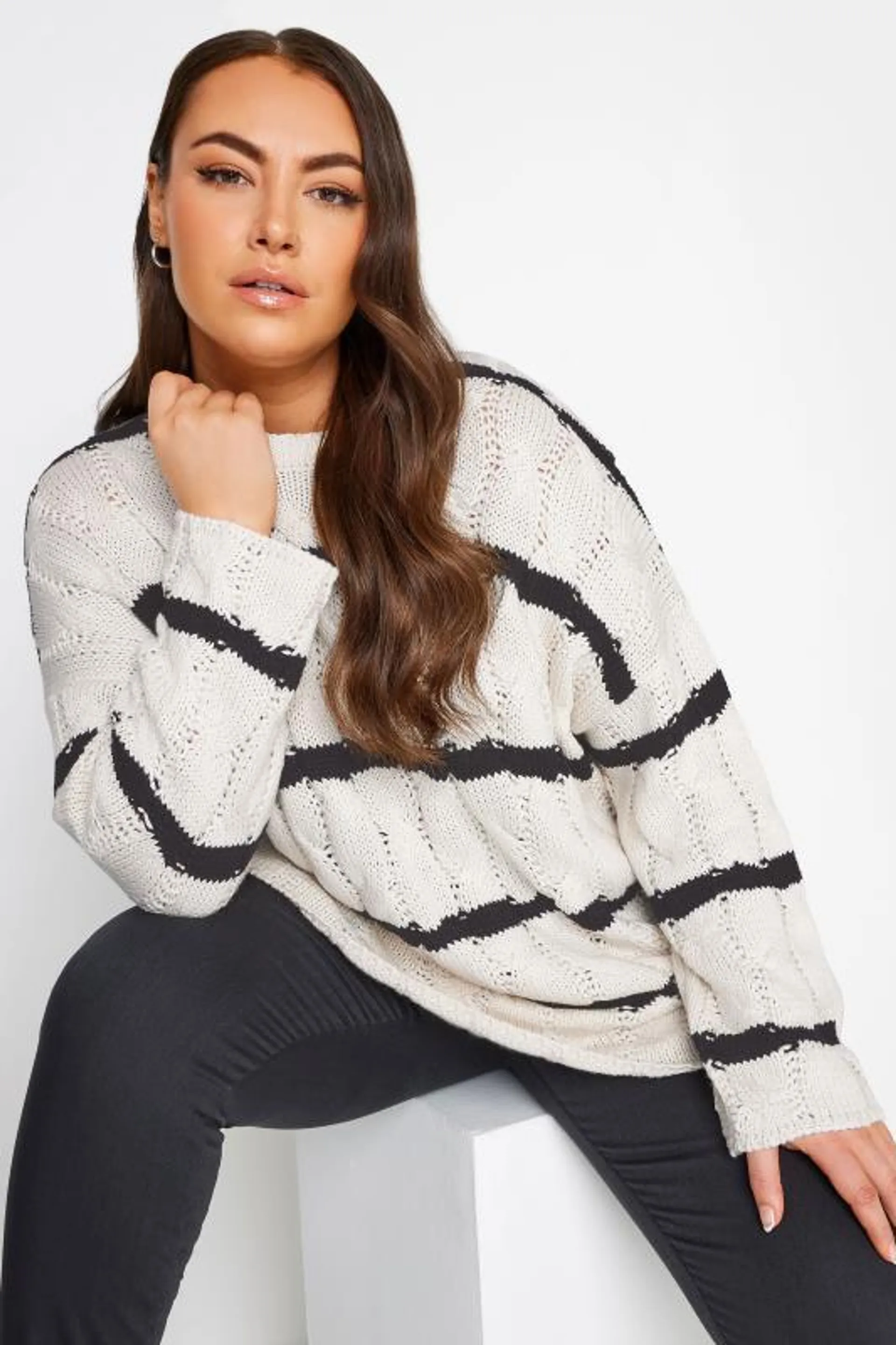 YOURS Curve White Stripe Cable Knit Jumper