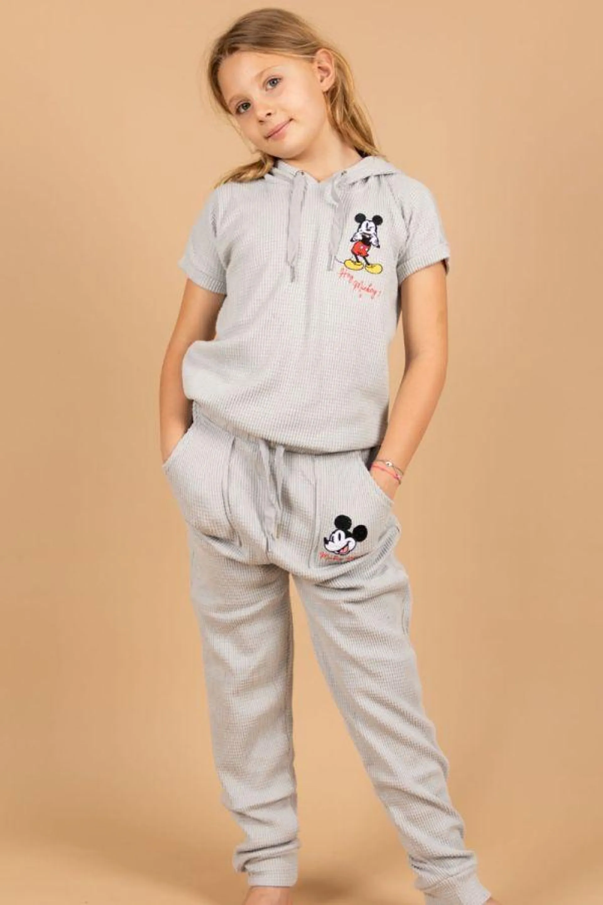 Girls Grey Waffle Mickey Lounge Set