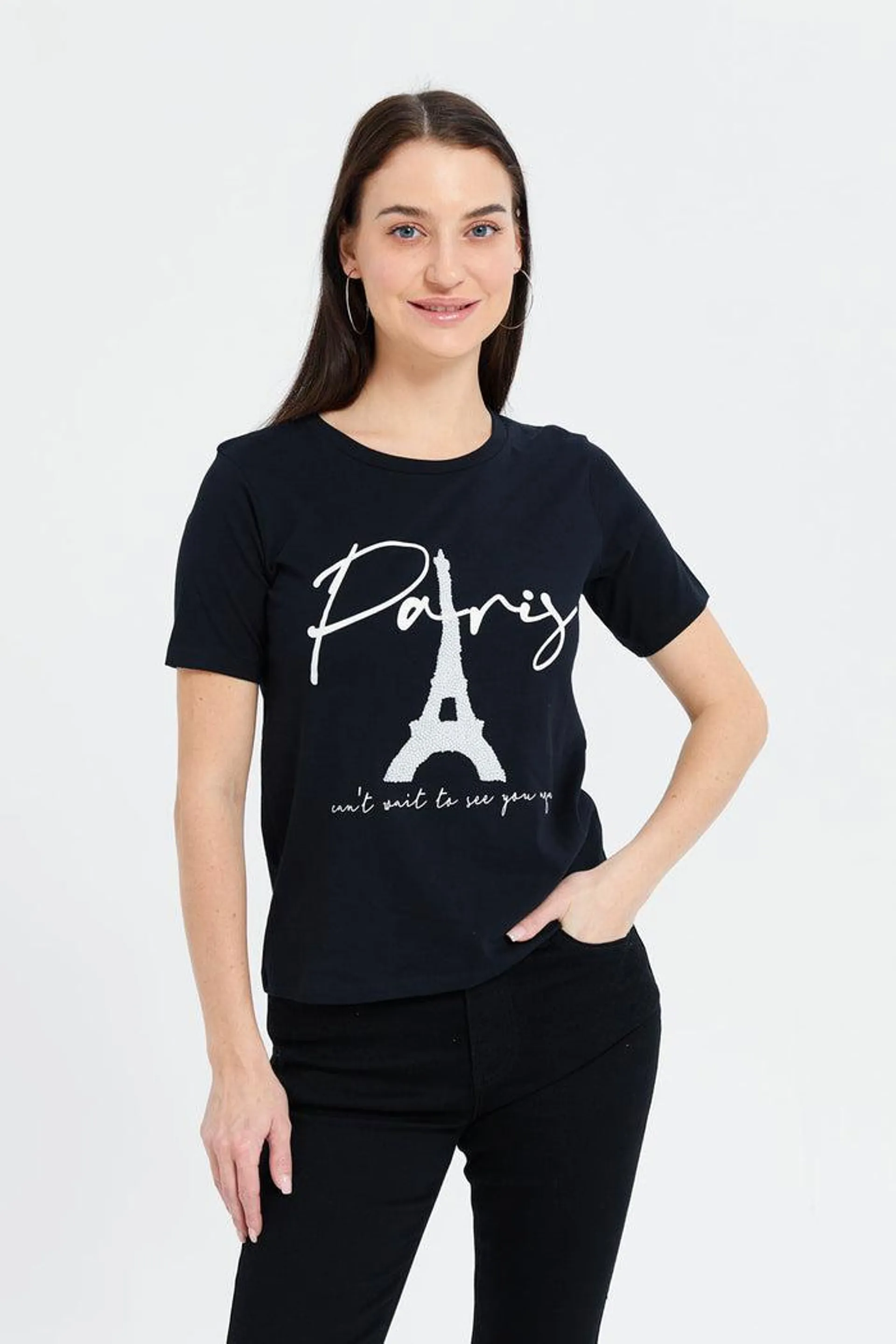 Women Black Paris Pearl Embellished T-Shirt