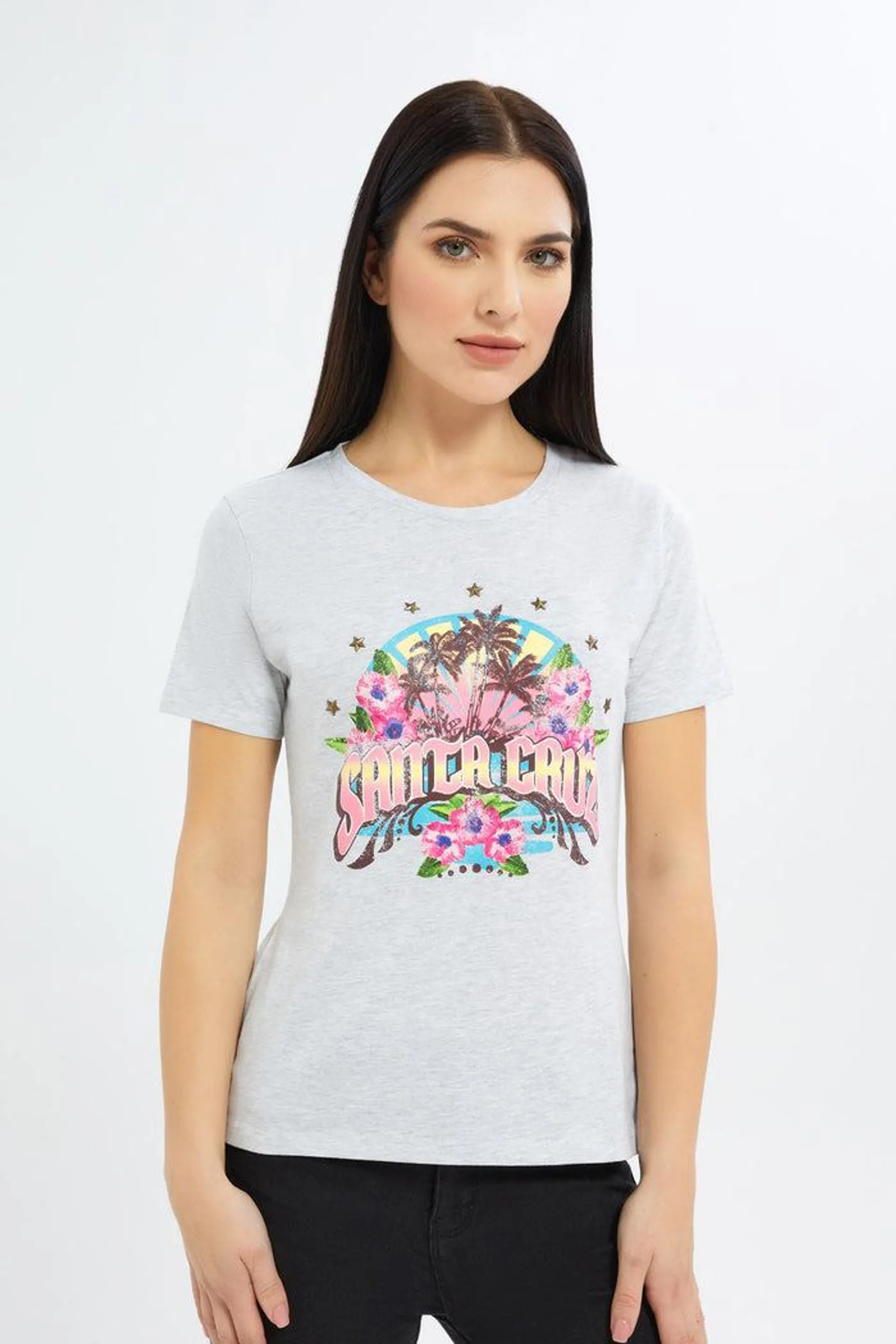 Women Grey Landscape Embellished T-Shirt