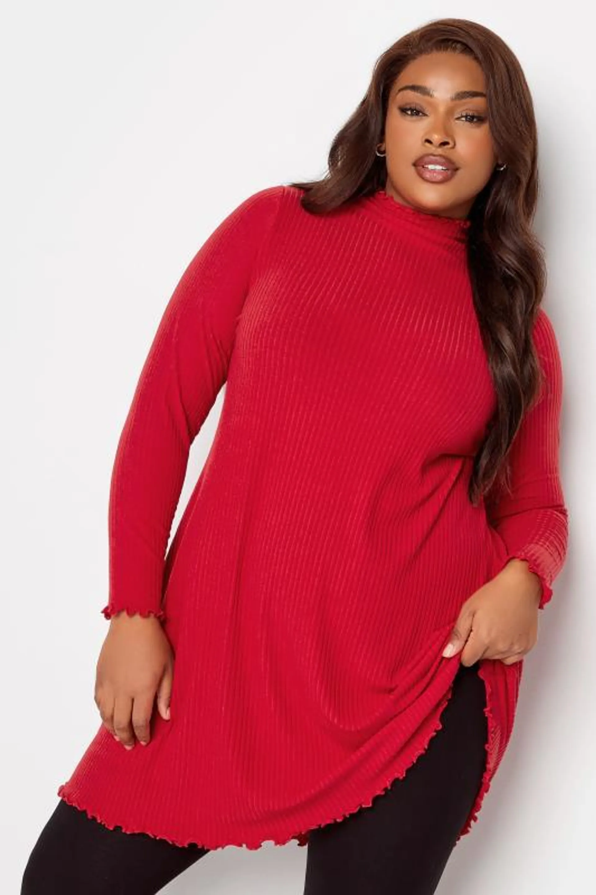 YOURS Curve Red Ribbed Lettuce Hem Tunic Dress