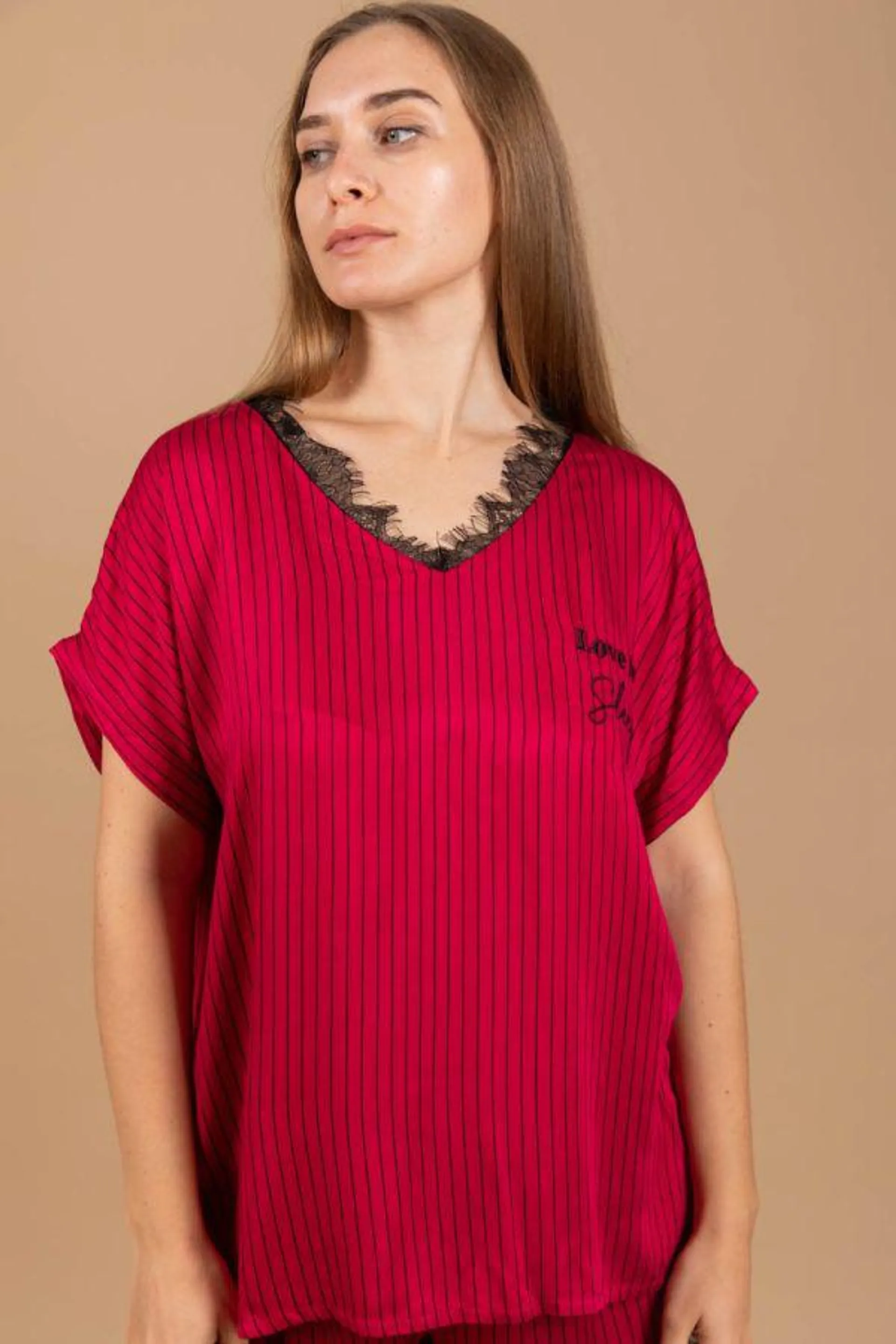 Ladies Red Black Pin Stripe Top