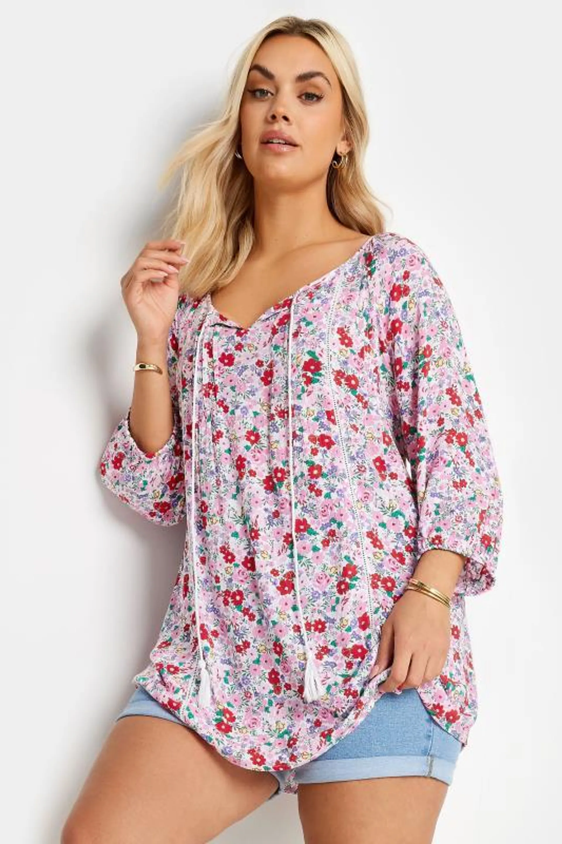 YOURS Curve Pink Floral Print Tie Neck Boho Blouse