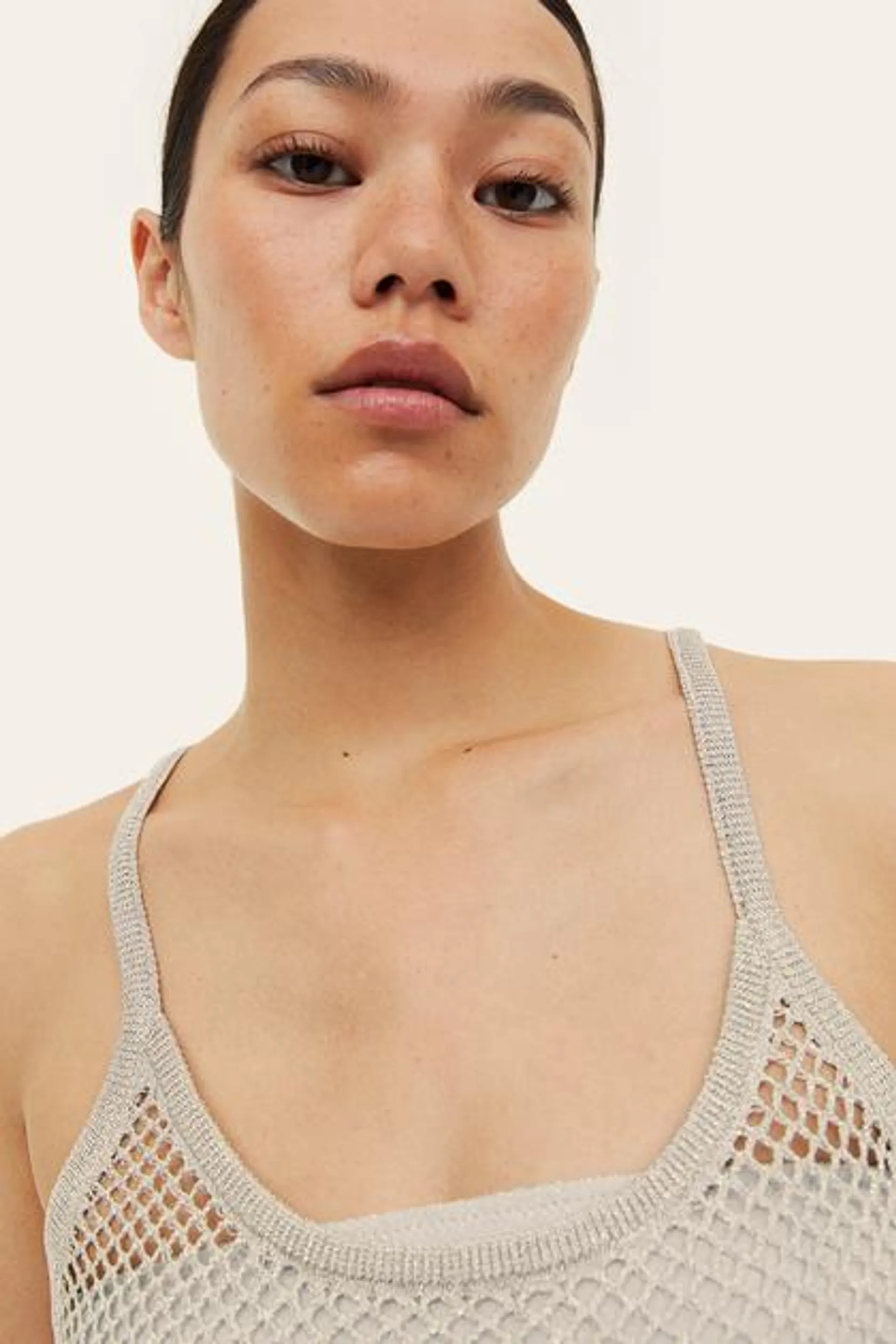 Glittery hole-knit strappy top