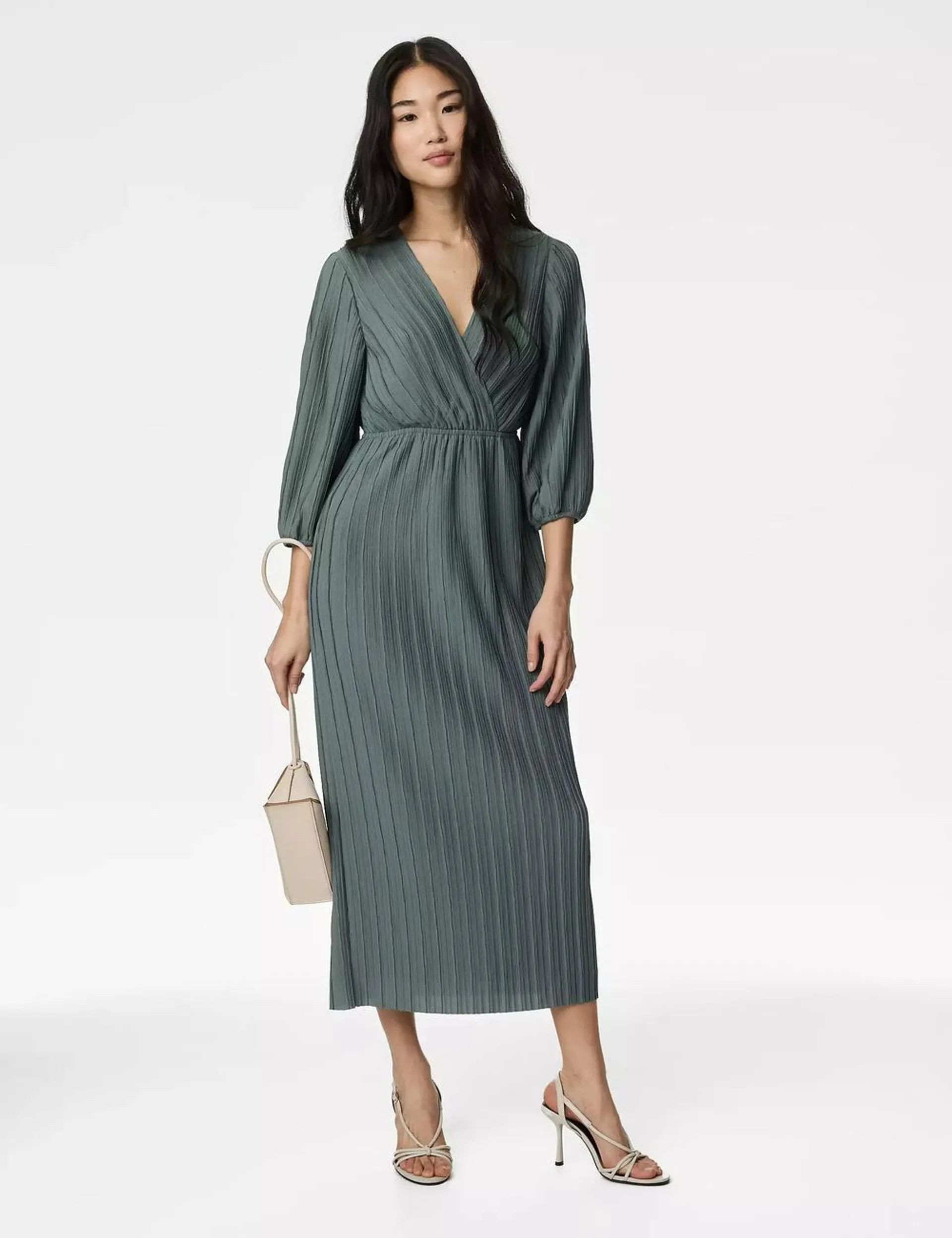 Pleated V-Neck Midaxi Wrap Dress