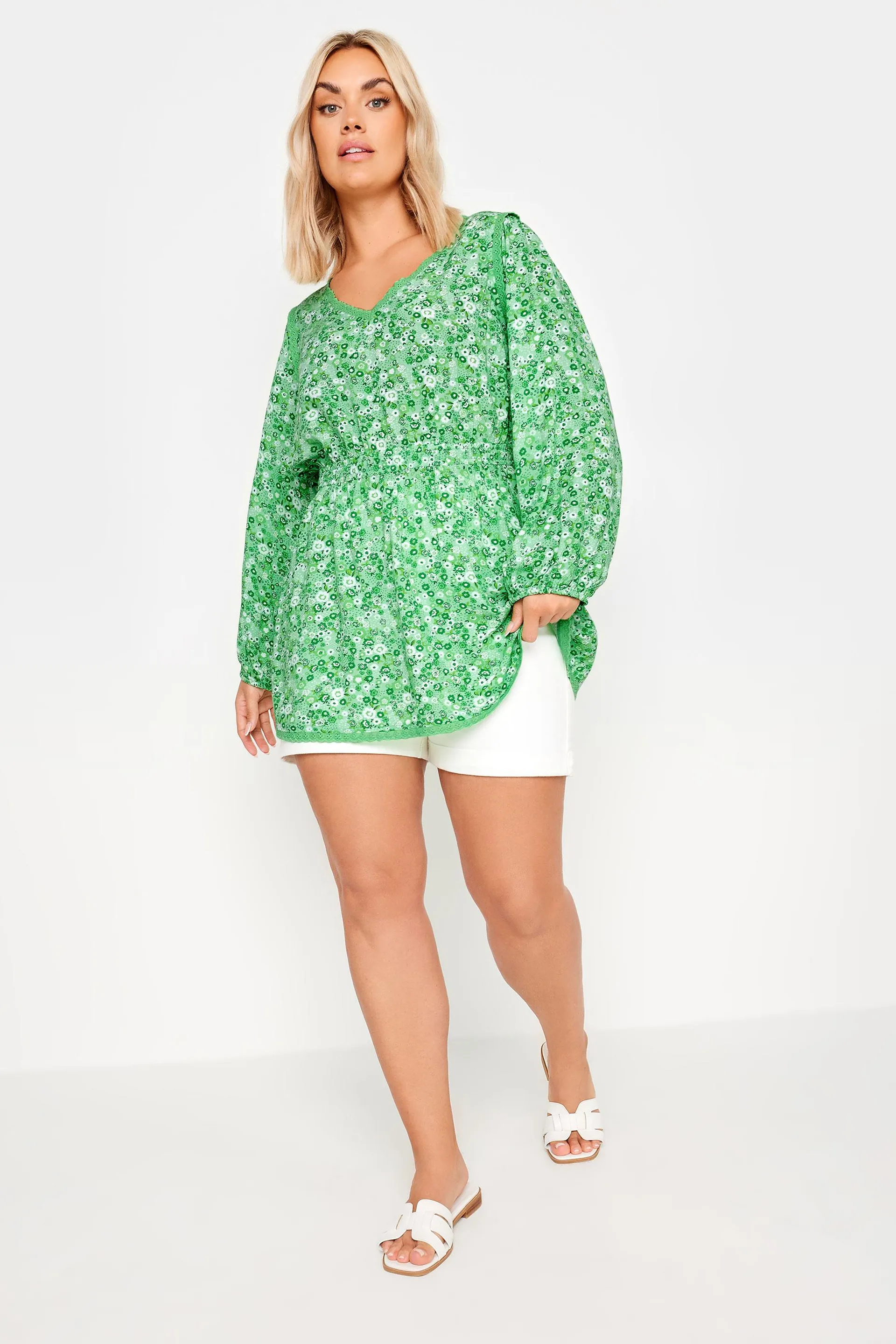 YOURS Curve Green Ditsy Floral Print Smock Top