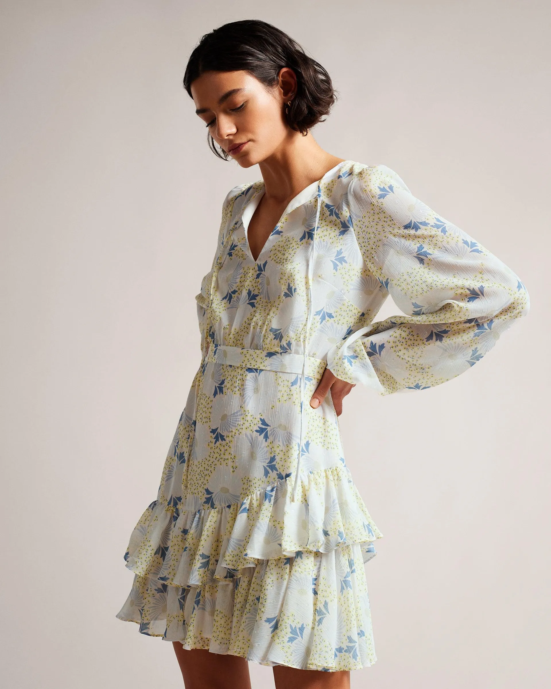 Waisted Mini Dress With Asymmetric Ruffles