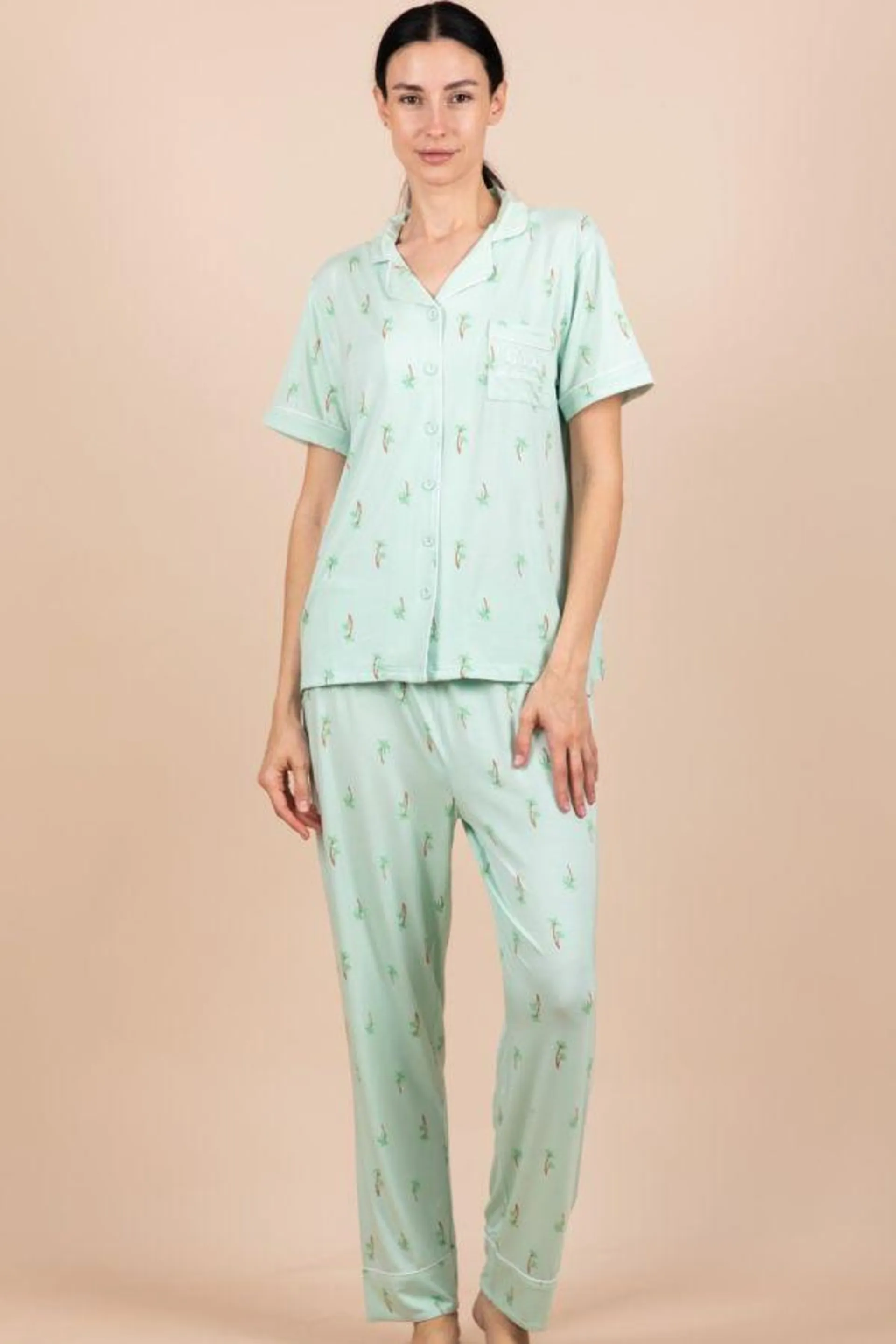 Ladies Light Green Palm Tree Button Through PJ