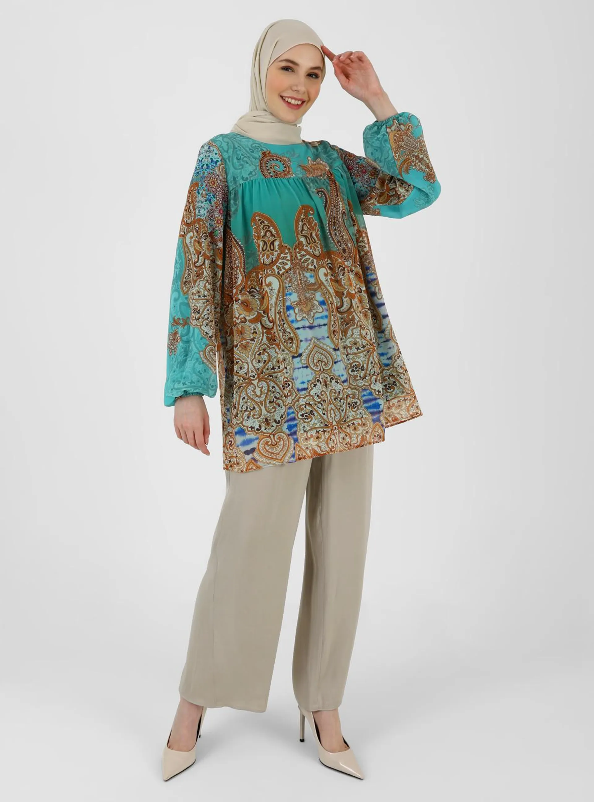 Brown - Turquoise - Floral - Crew neck - Button Collar - Tunic