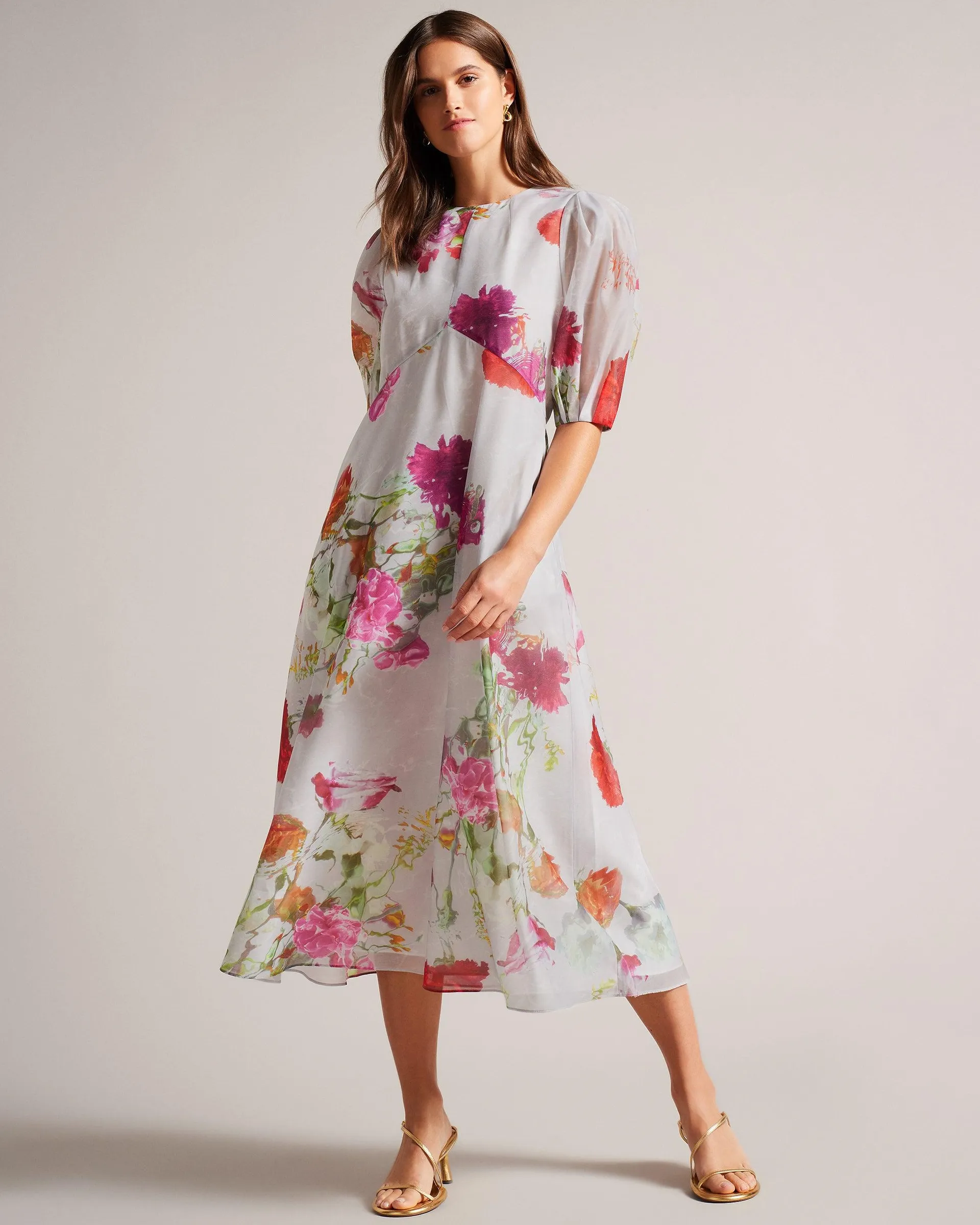 Empire Line Midi Dress With Puff Sleeve