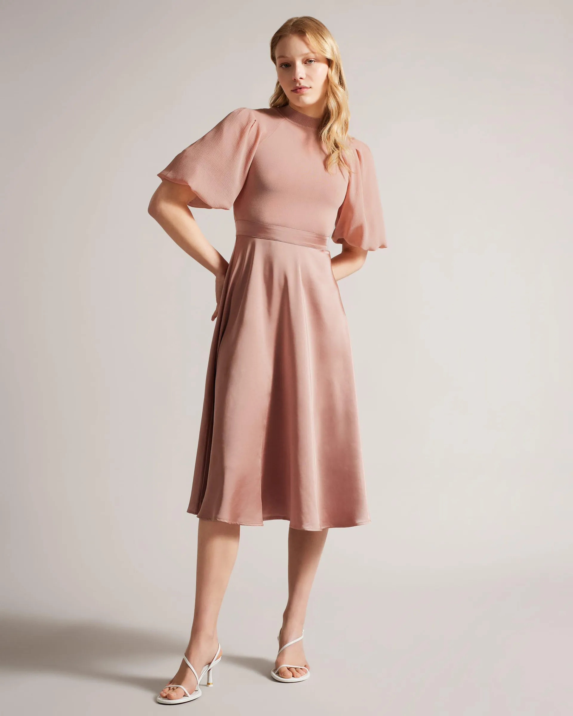 Puff Sleeve Fitted Bodice Midi Dress