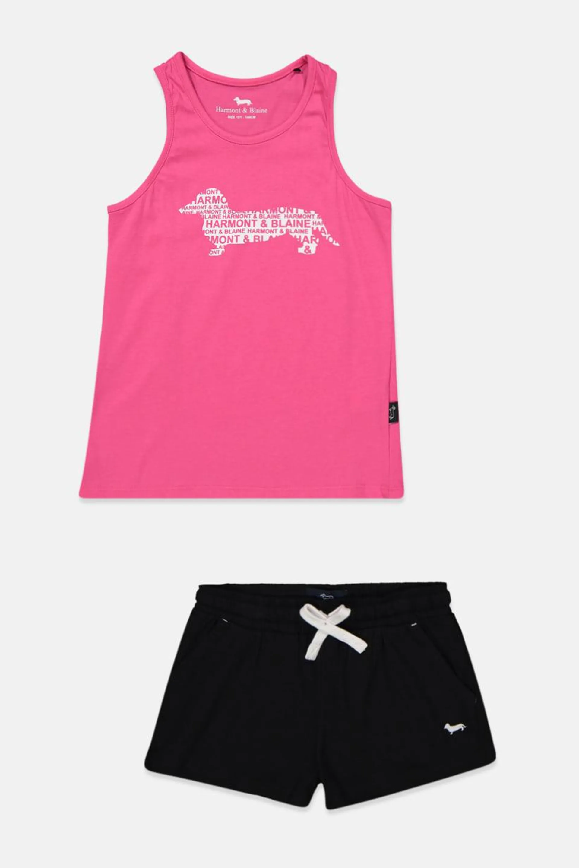 Kids Girl 2 Pc Printed Top With Short Set, Pink and Black