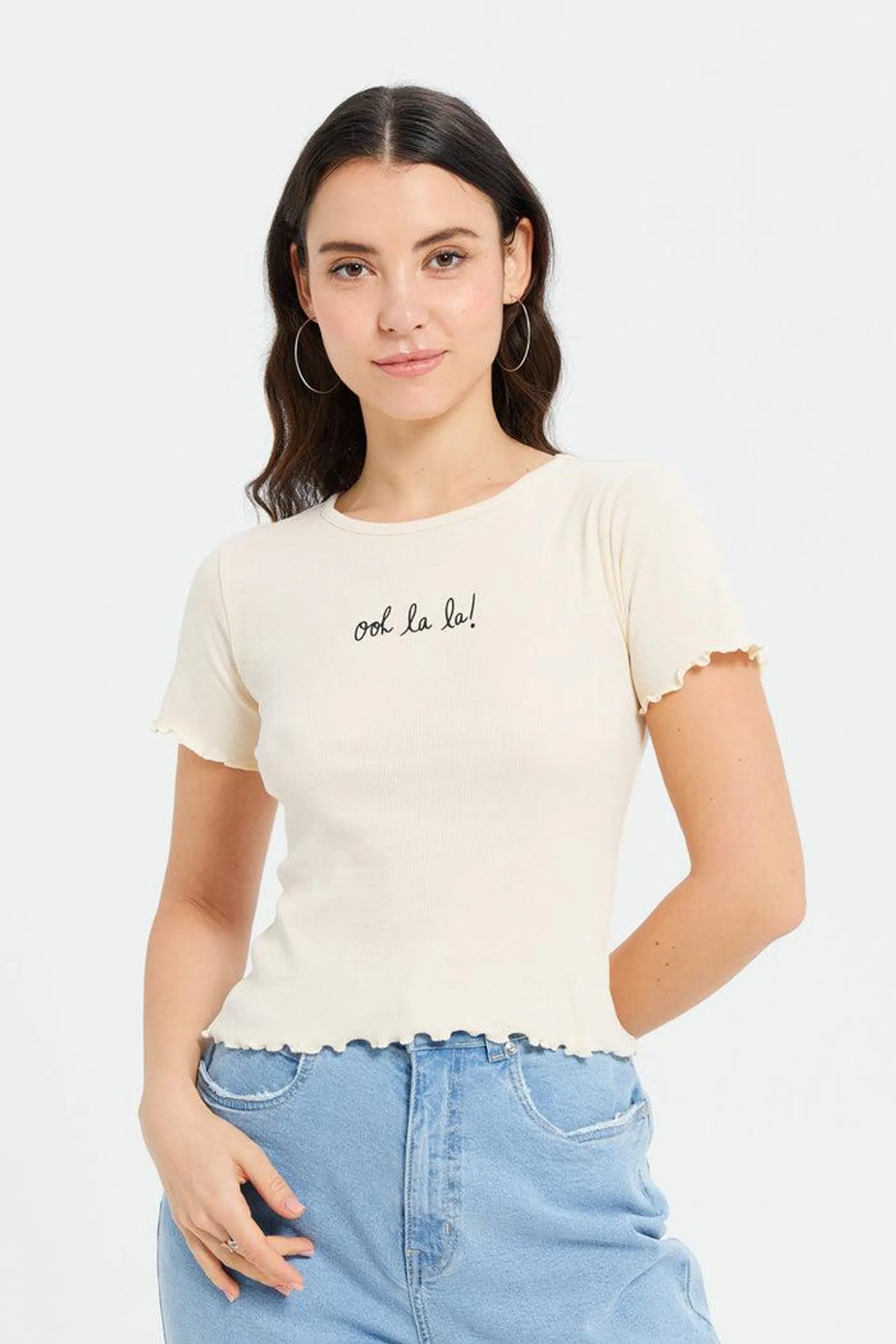 Women Cream Printed Rib T-Shirt