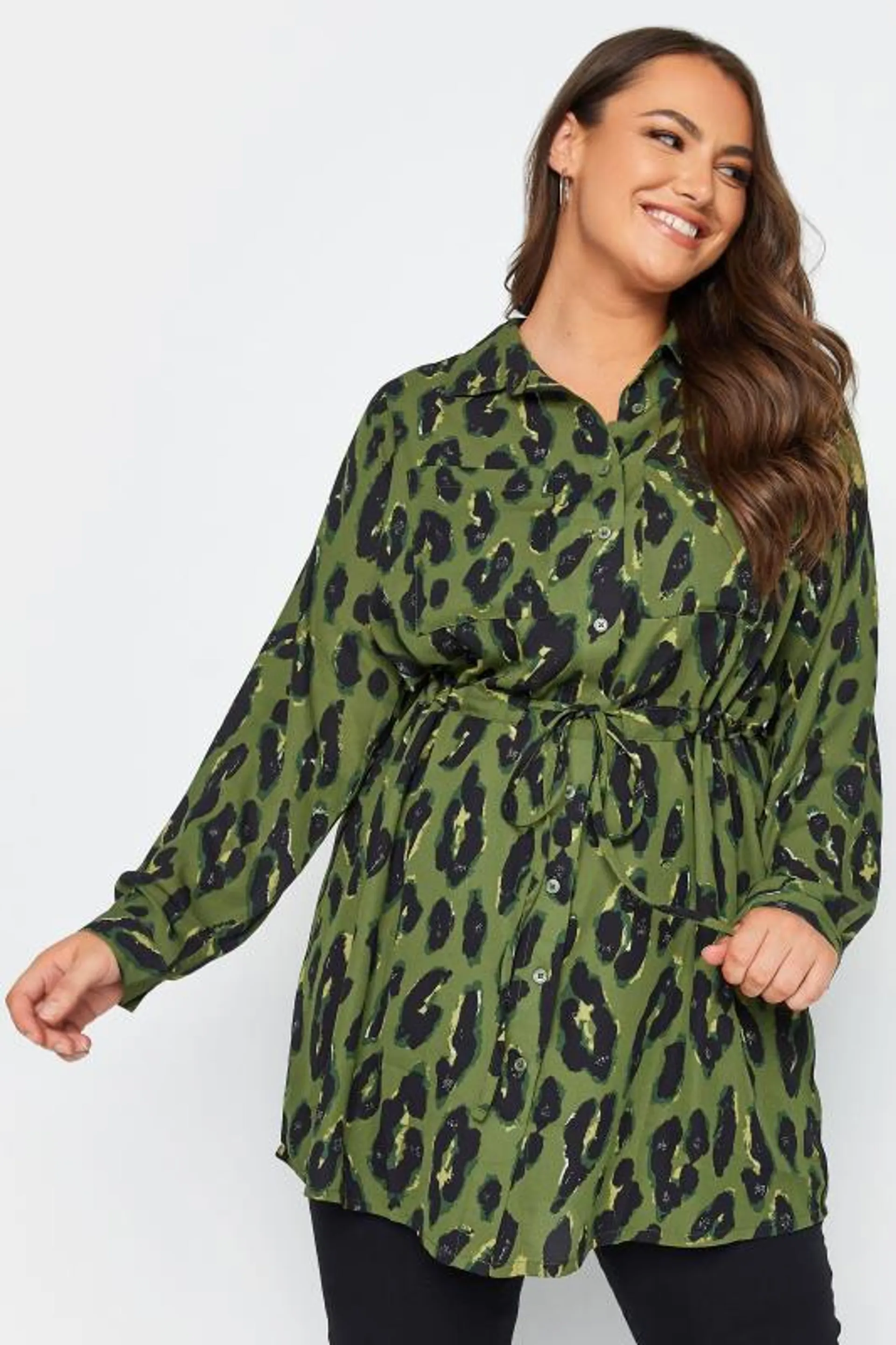 YOURS Curve Khaki Green Leopard Print Utility Tunic Shirt
