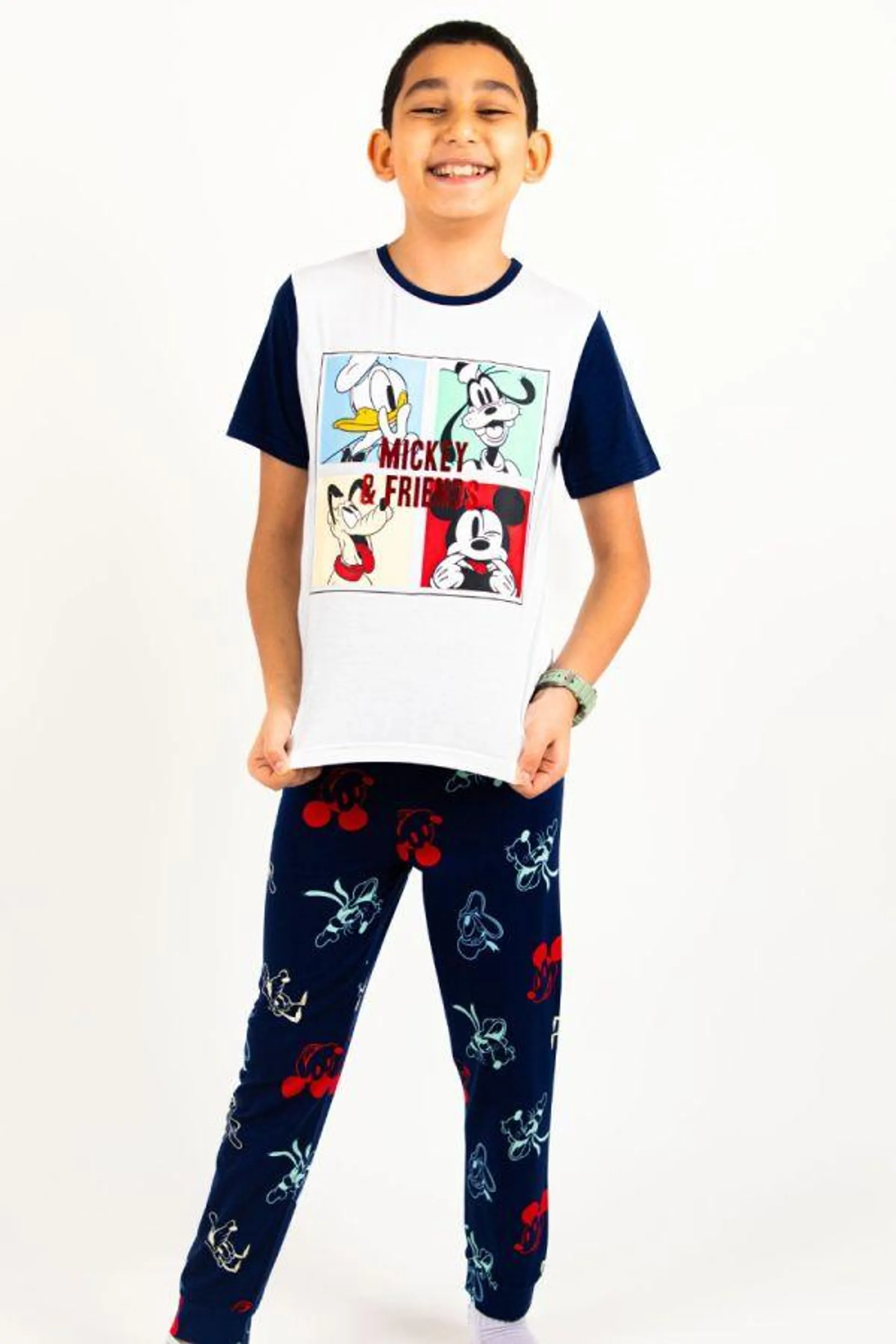 Boys White Navy Sleeve Mickey & Friends PJ