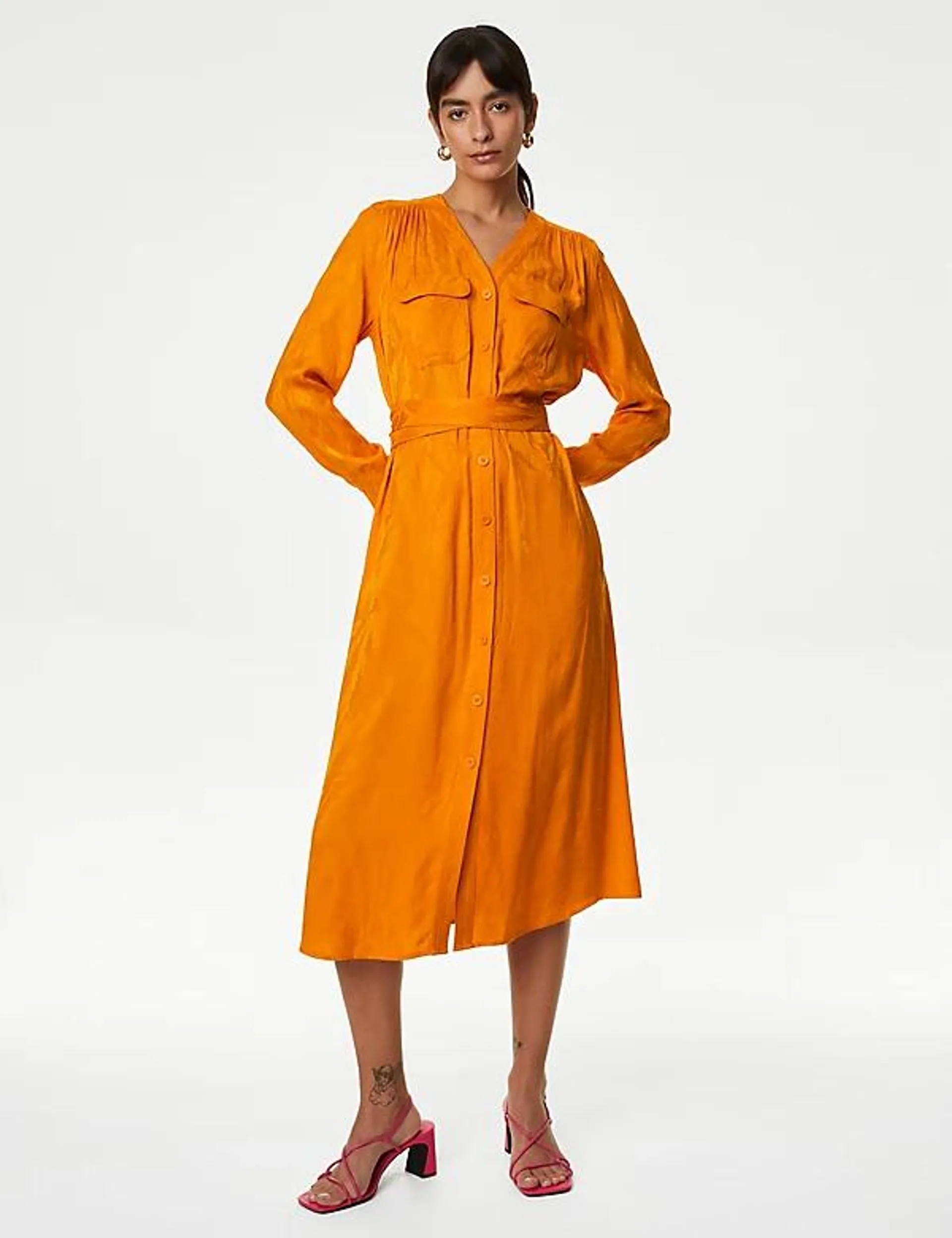 Floral Jacquard V-Neck Midi Shirt Dress