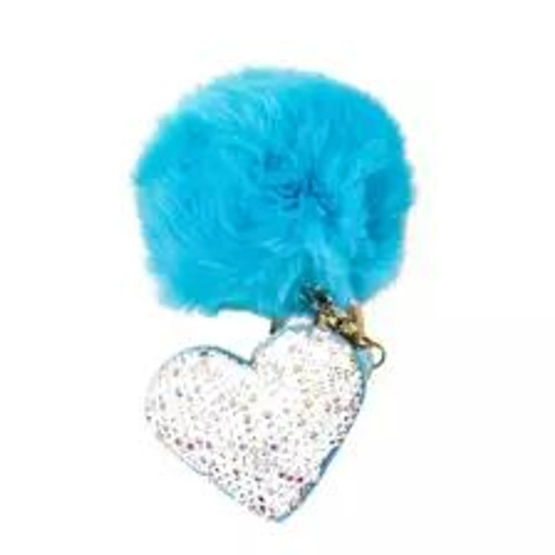 Fluffy Plush Furry Keychain Pom Pom Key Ring Ball with Heart, Car Key Ring for Bag Decoration- Blue