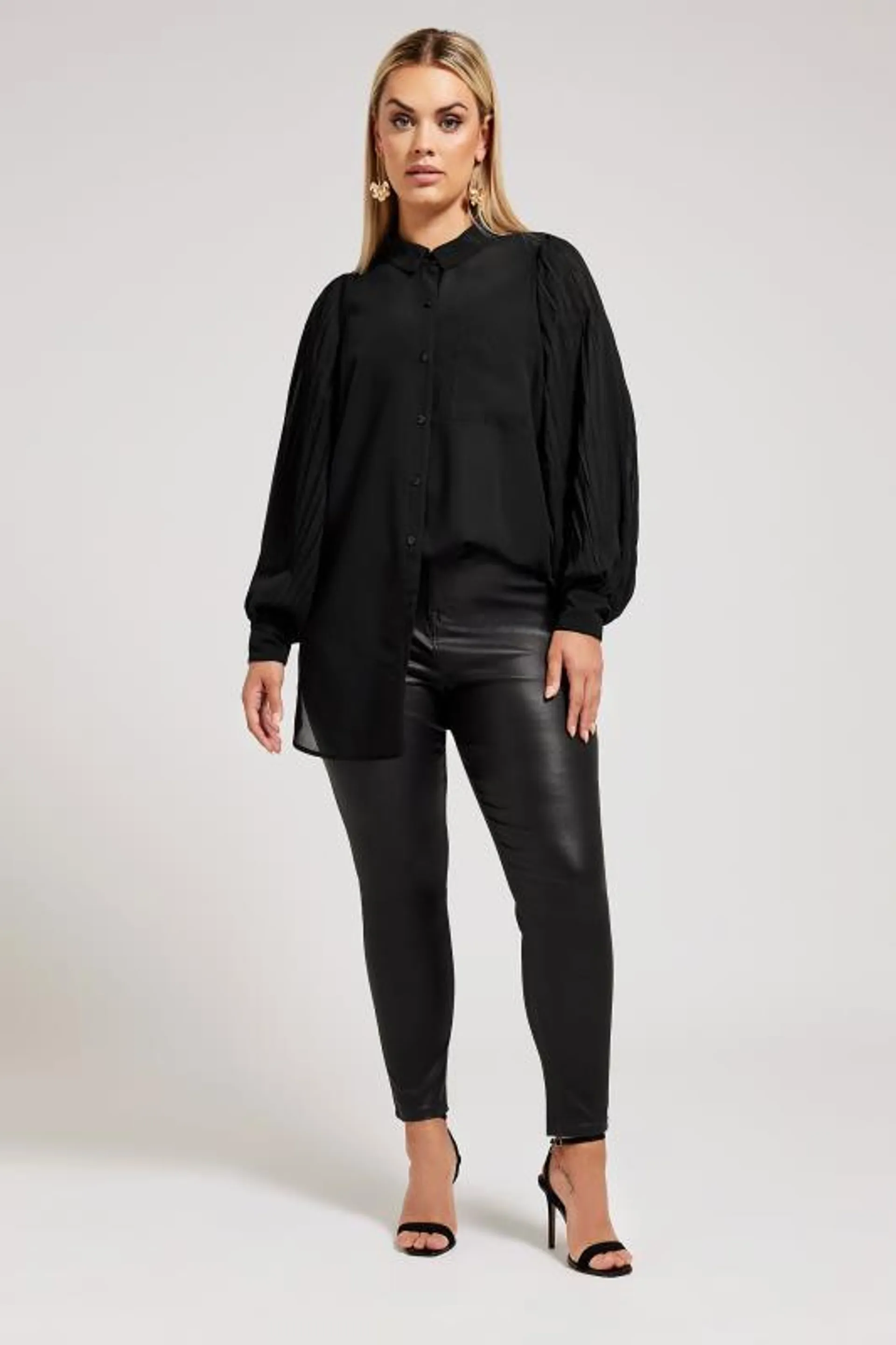 YOURS LONDON Curve Black Long Pleat Sleeve Shirt