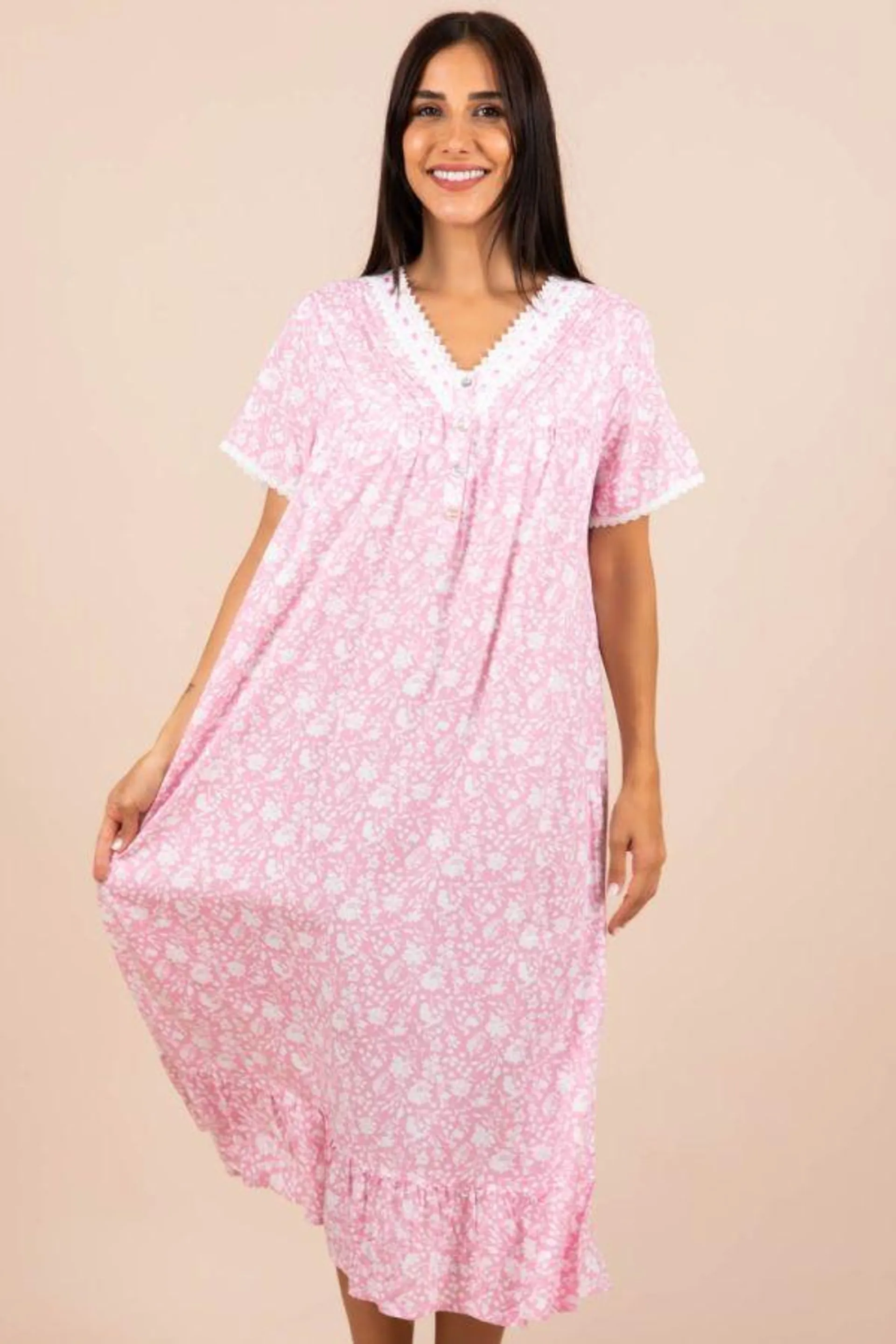 Ladies Pink White Floral Nightdress