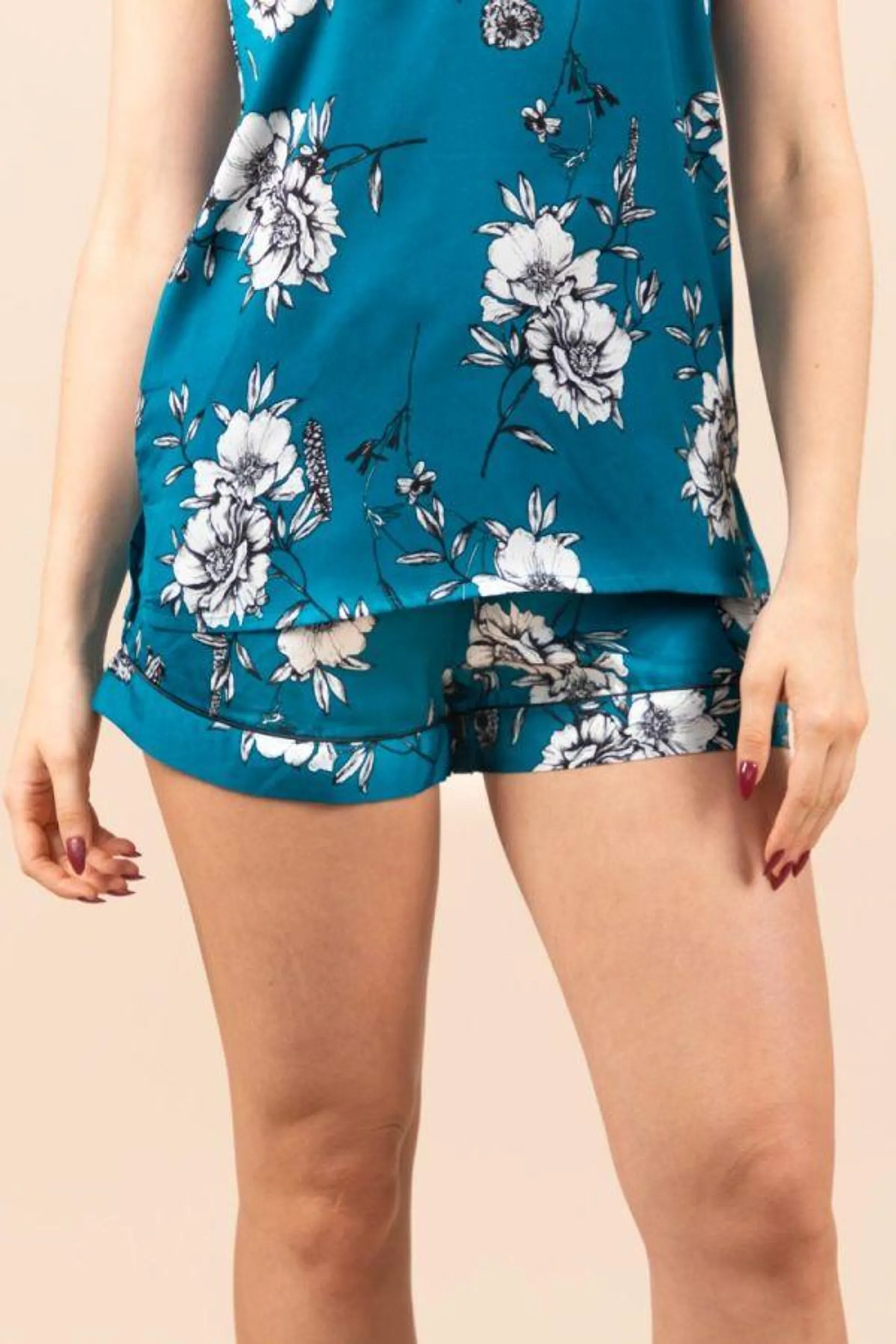 Ladies Teal Black Floral Satin Short