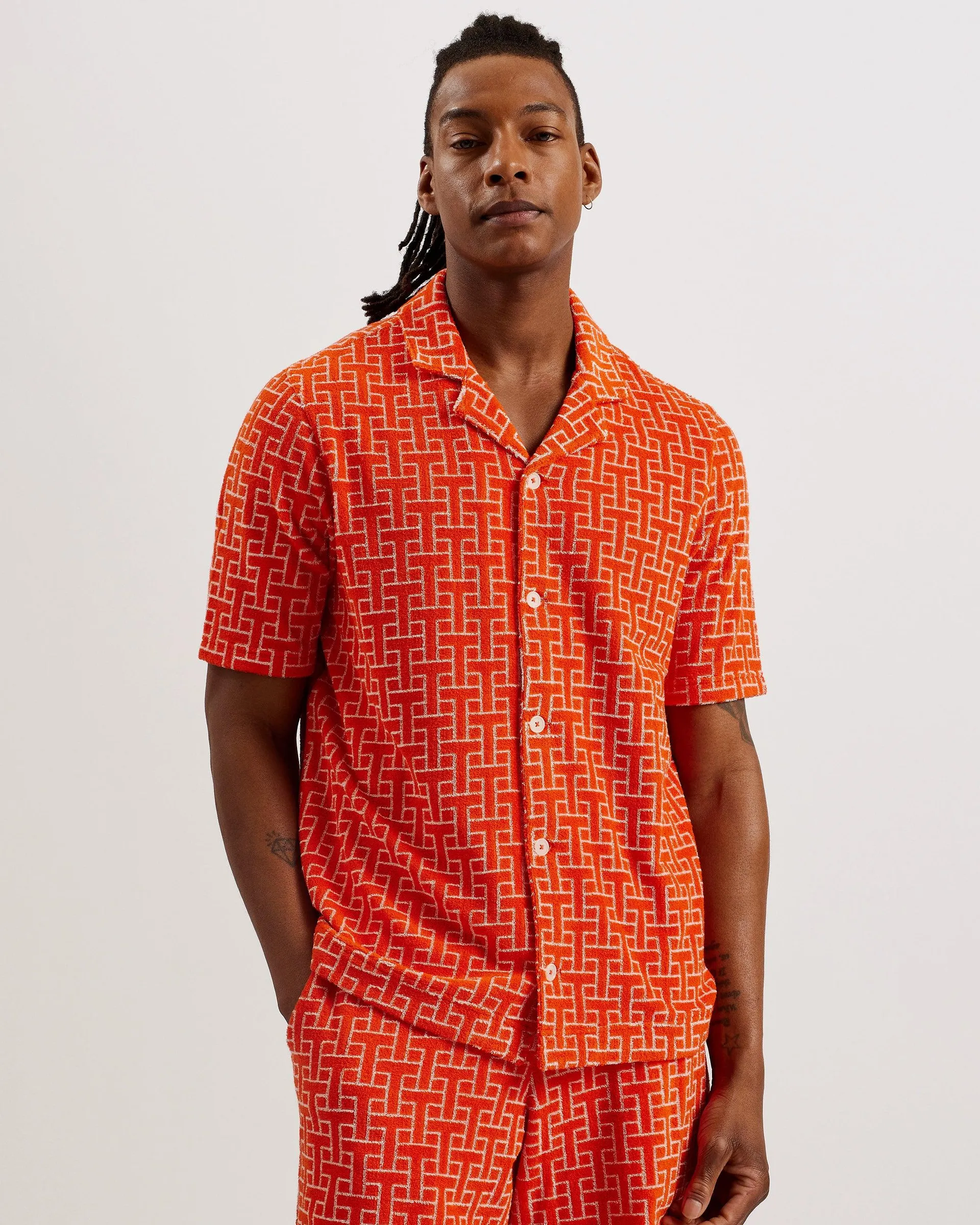 Endula Short Sleeve Printed Towelling Shirt Brt-Orange