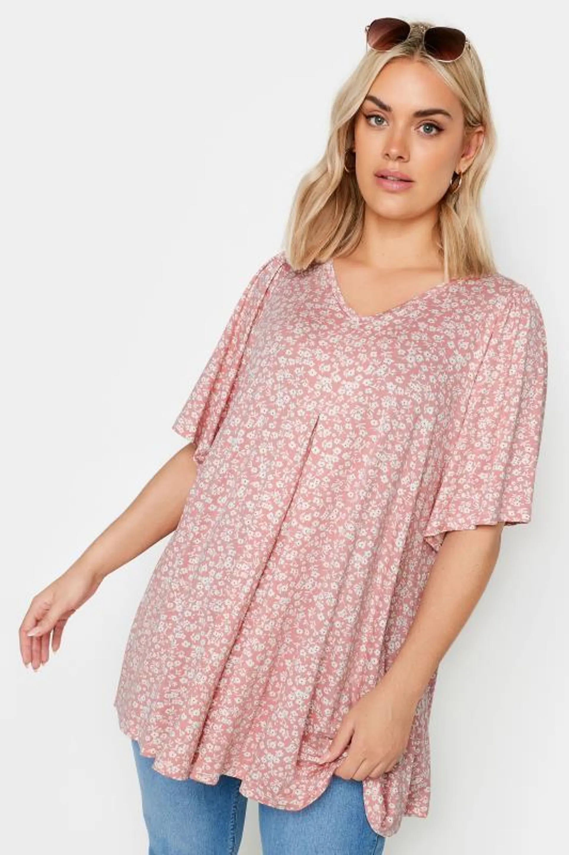 YOURS Curve Pink Ditsy Floral Pleat Front Top