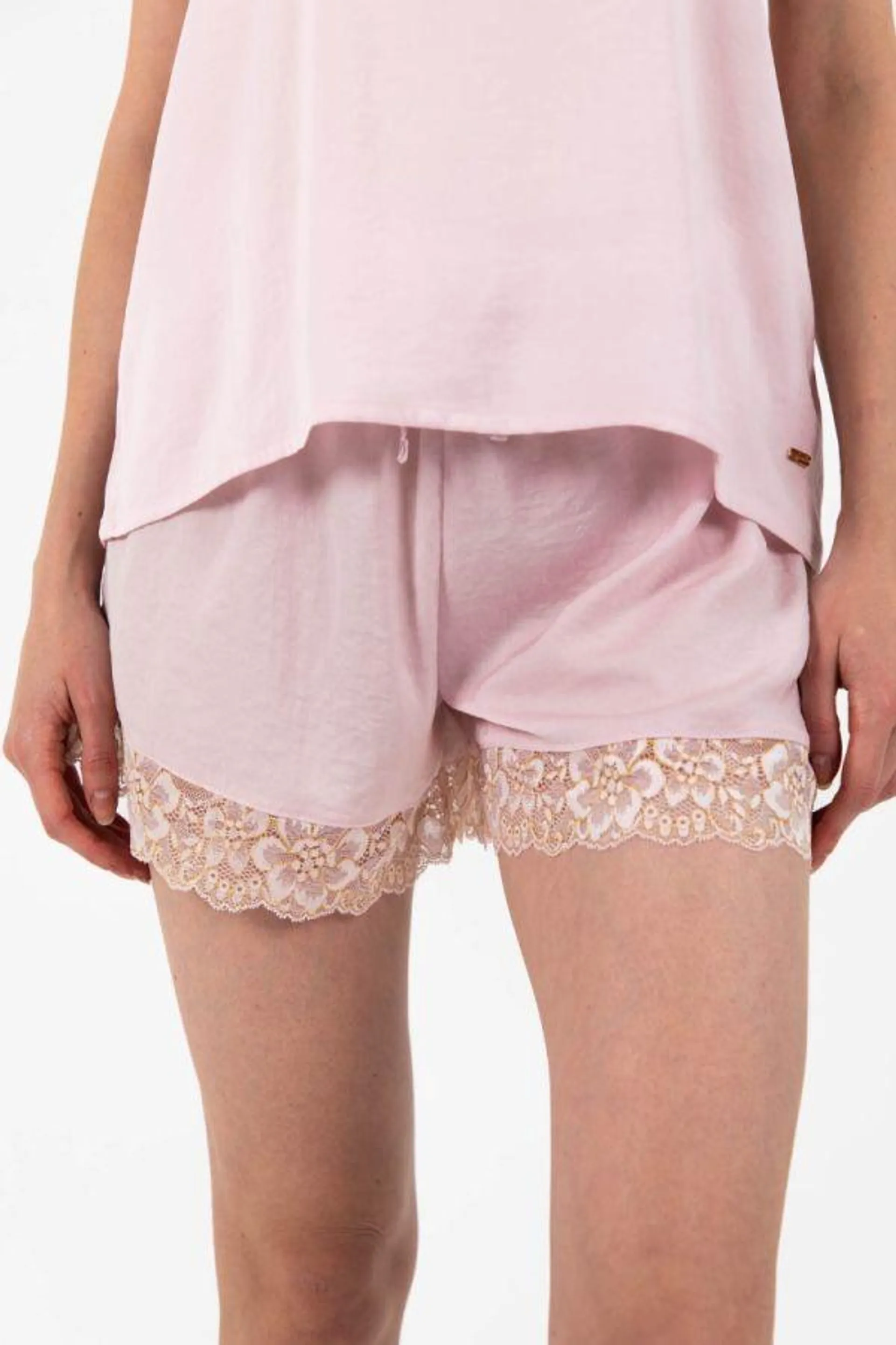 Ladies Pink Satin Gold Lurex Lace Short