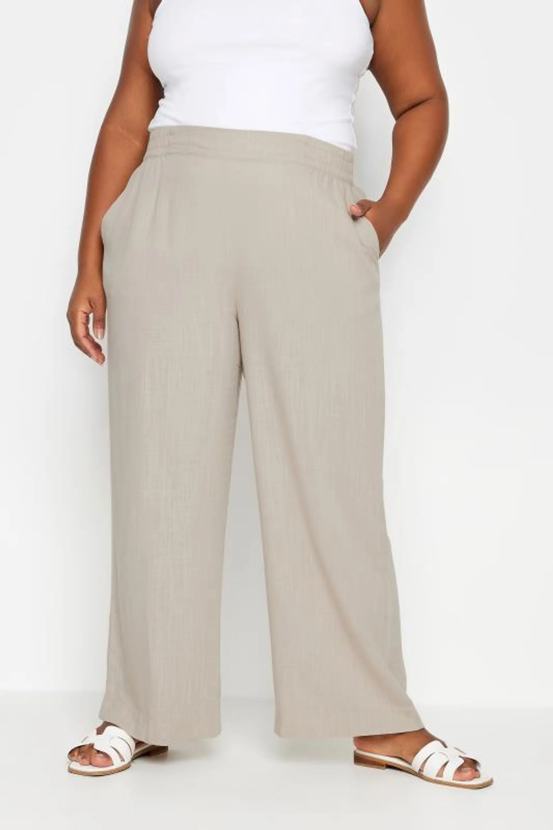 YOURS Curve Stone Brown Pull On Wide Leg Linen Trousers