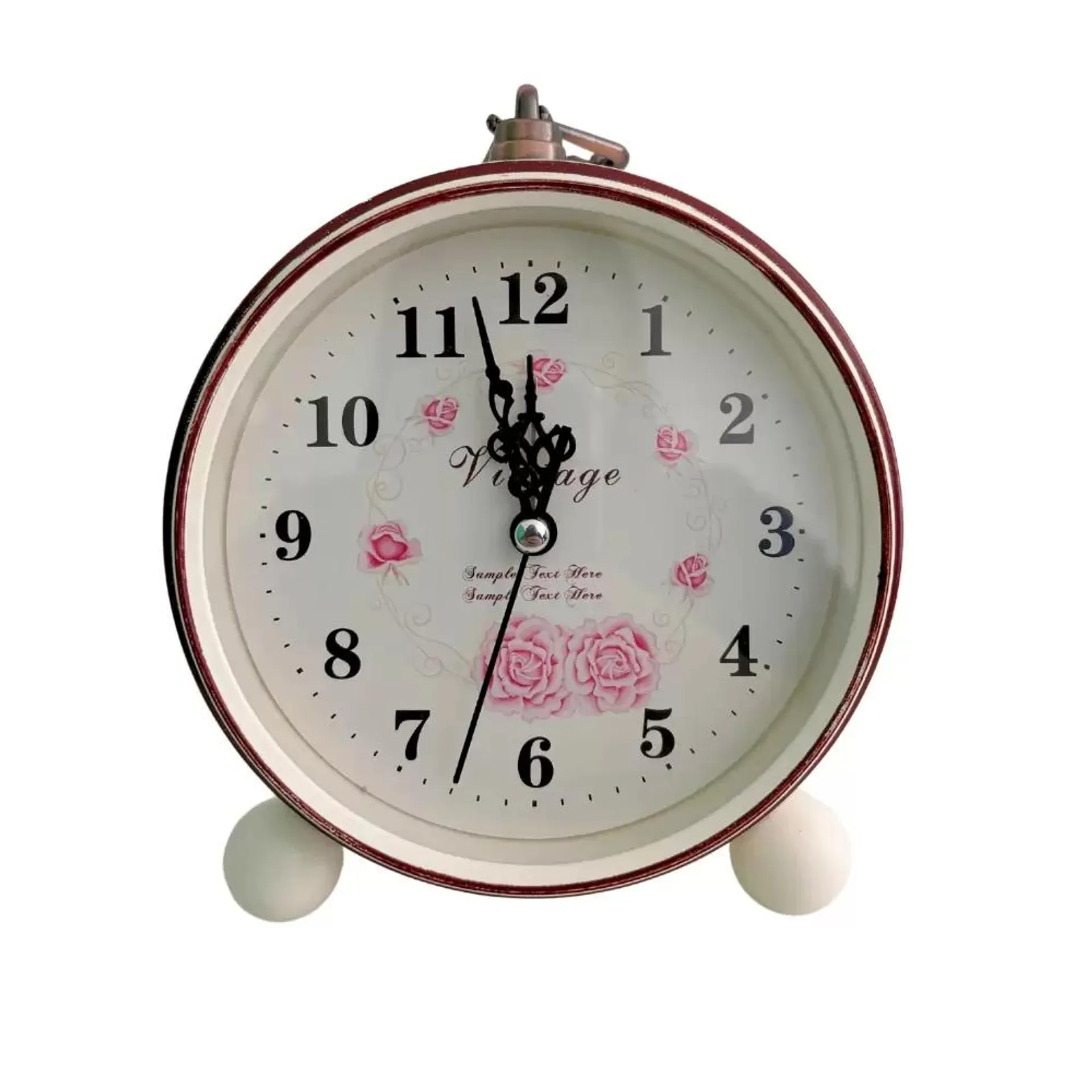 Vintage Pink Rose Printed Battery Operated Bedside Non Tickling Analog Alarm Clock- White