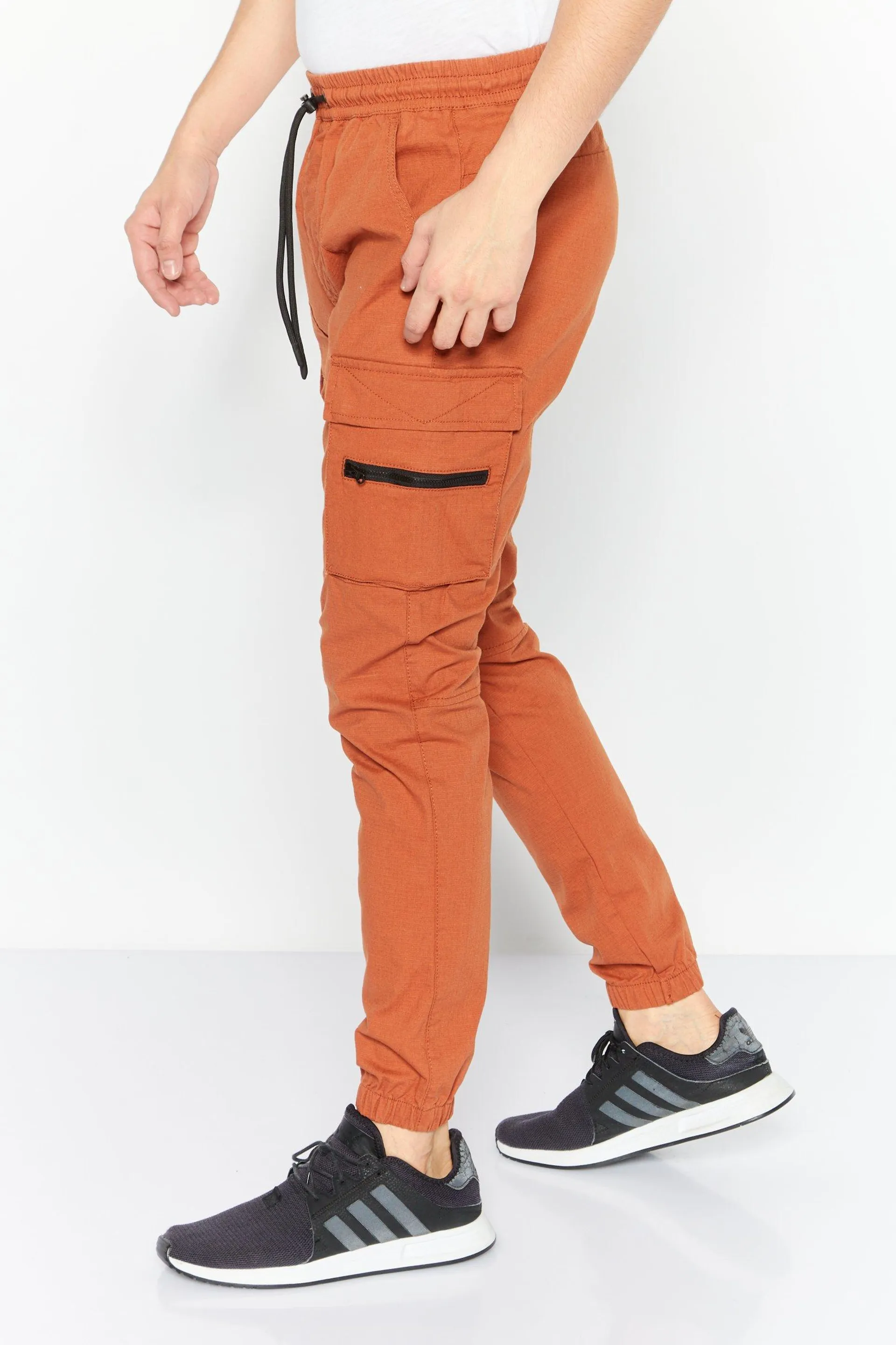 Men Drawstring Textured Cargo Pants, Brown