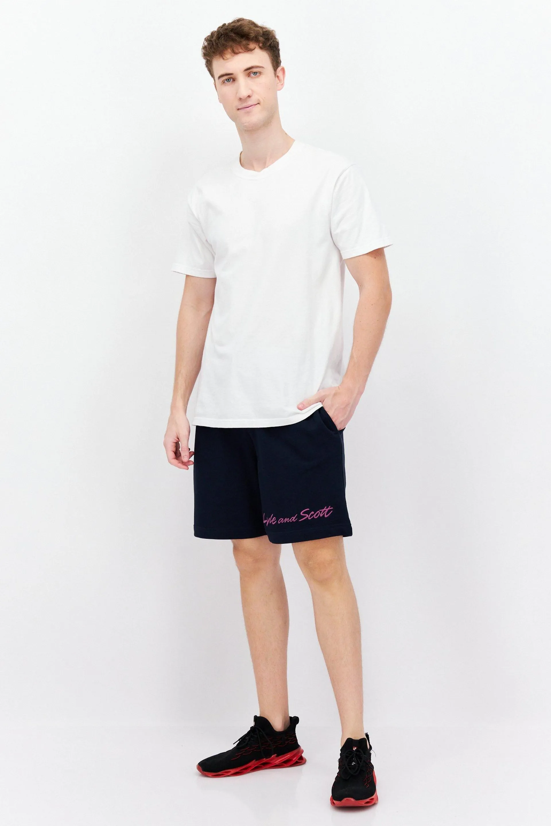 Men Embroidered Drawstring Bermuda Shorts, Dark Navy/Light Purple