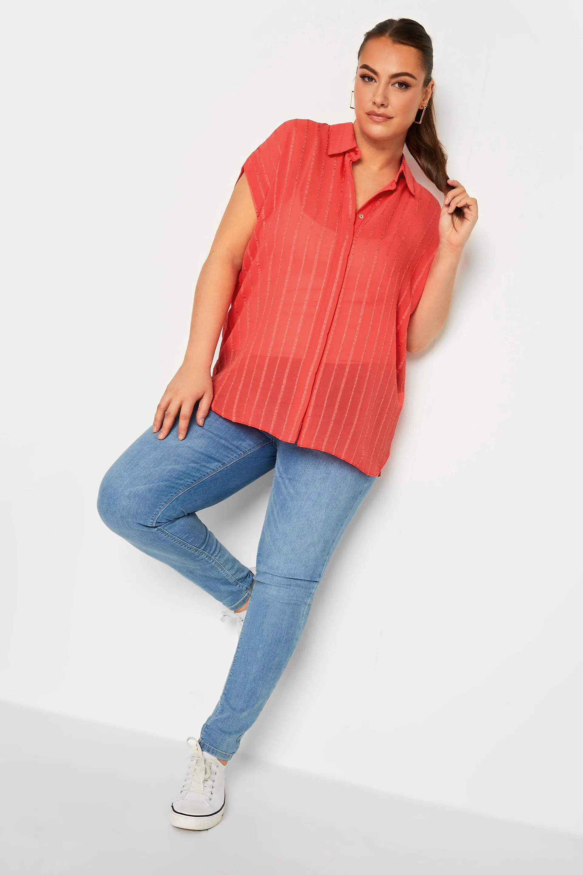 YOURS Curve Coral Pink Short Sleeve Stripe Shirt