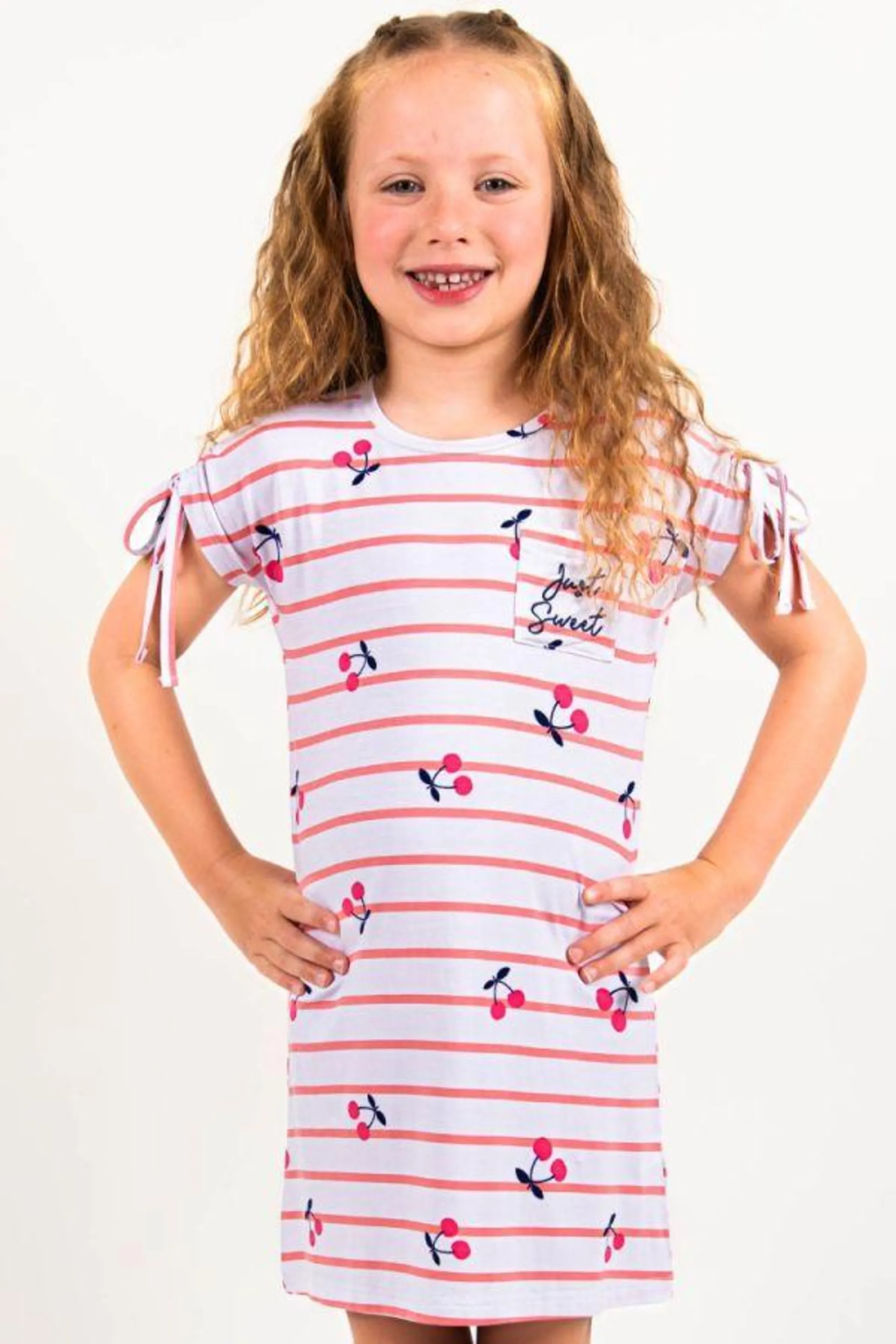 Girls Peach White Stripe Cherry Printed Nightdress