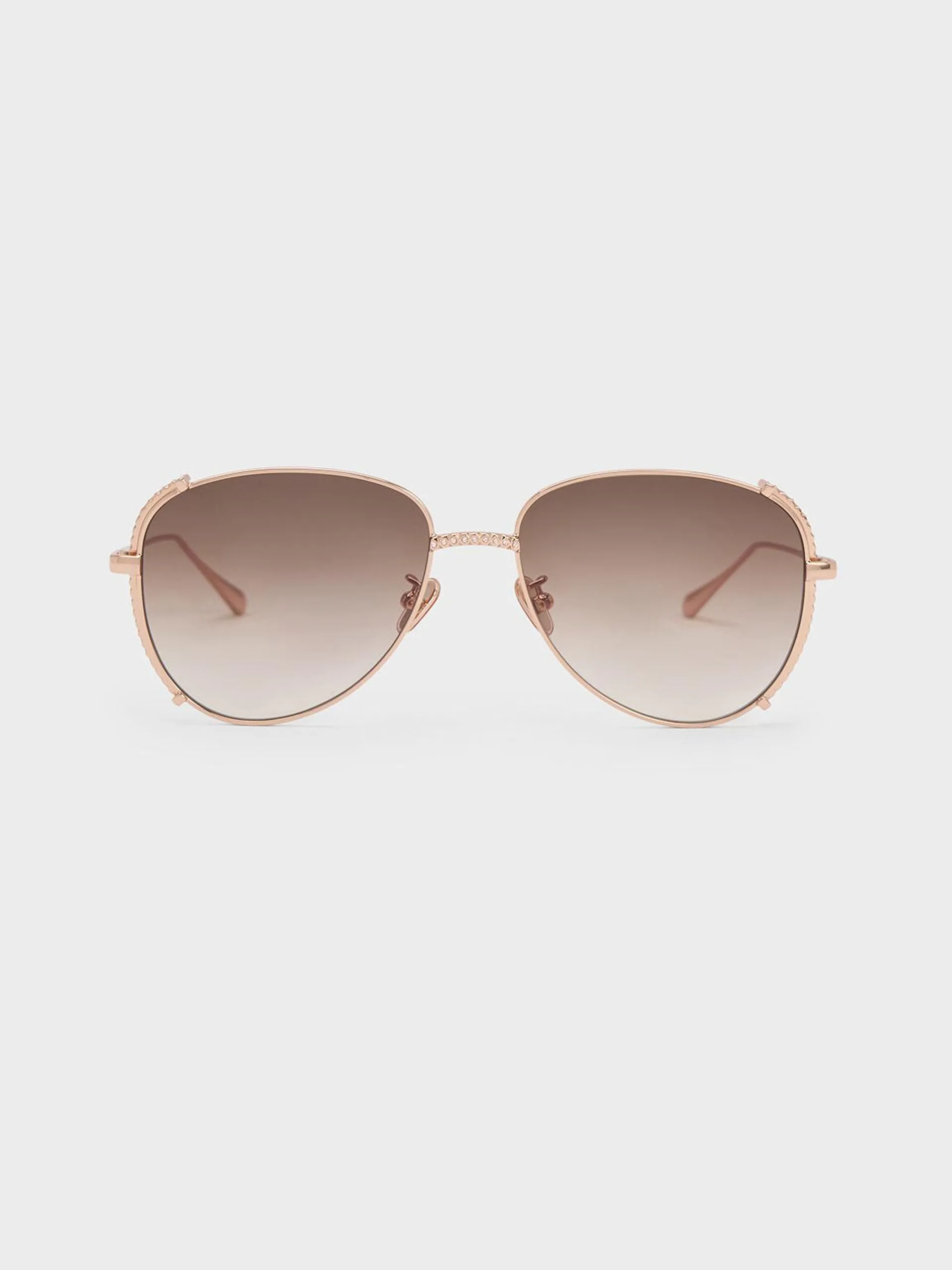 Gem-Embellished Wireframe Aviator Sunglasses - Rose Gold