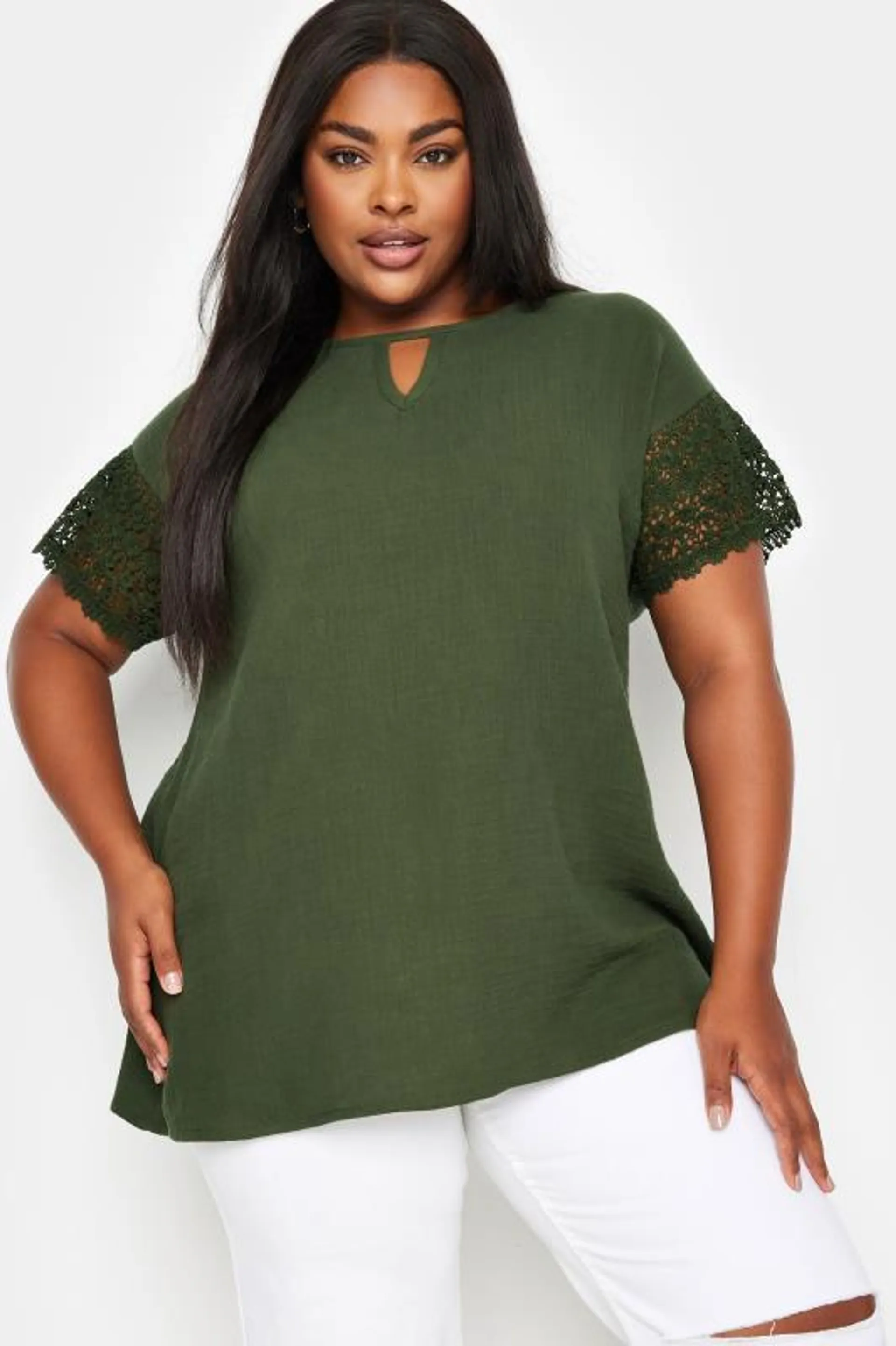 YOURS Curve Khaki Green Cheesecloth Crochet Top