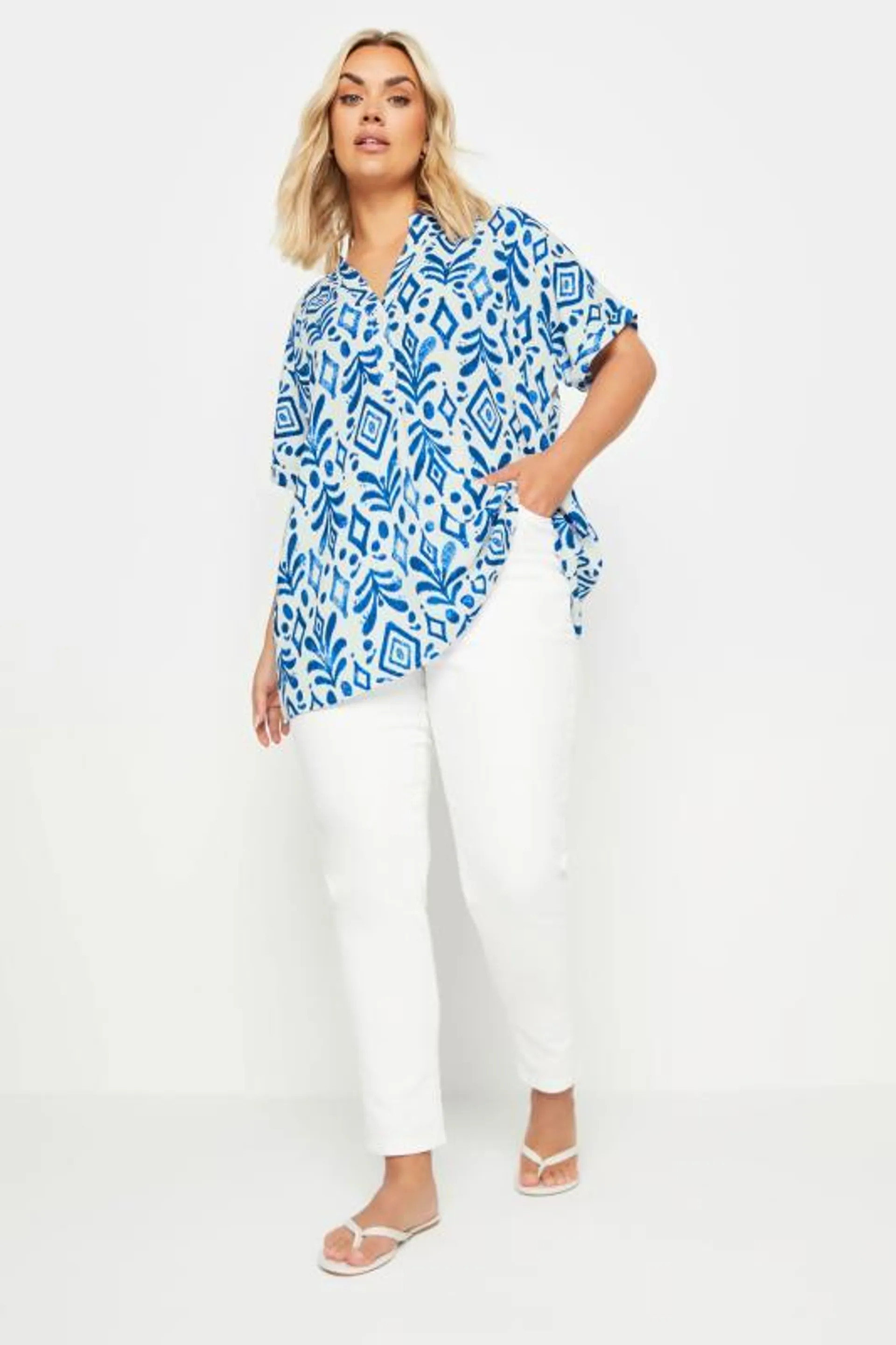 YOURS Curve Blue Ikat Print Notch Neck Blouse