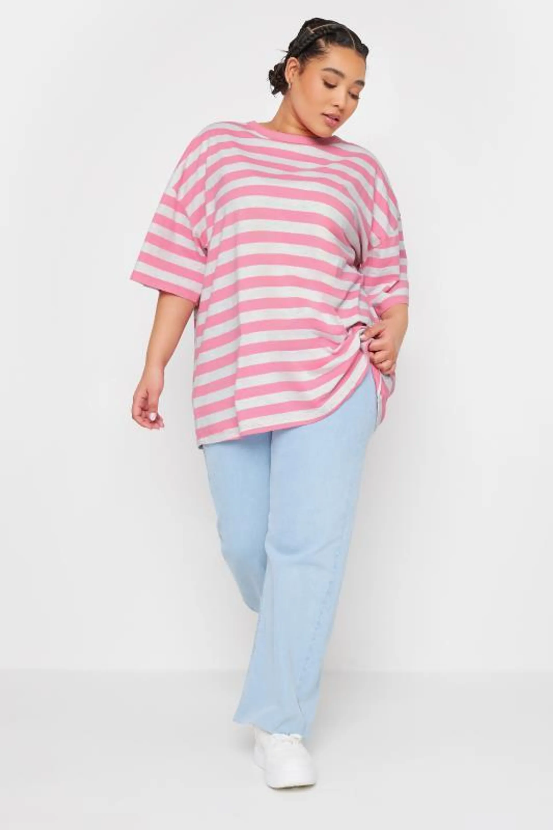 YOURS Curve Pink & Grey Stripe Oversized T-Shirt