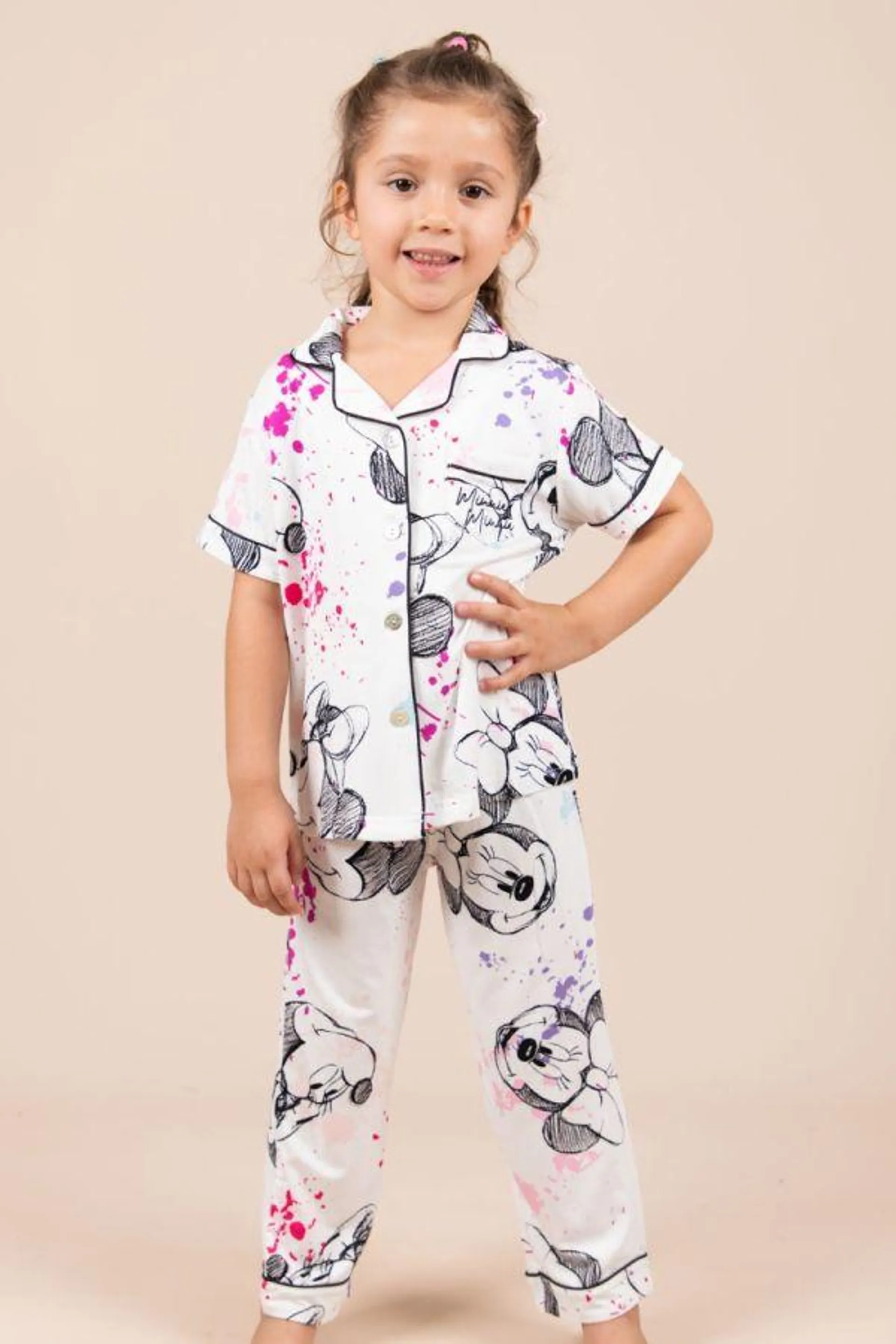 Girls White Paint Splash Minnie Button Through PJ