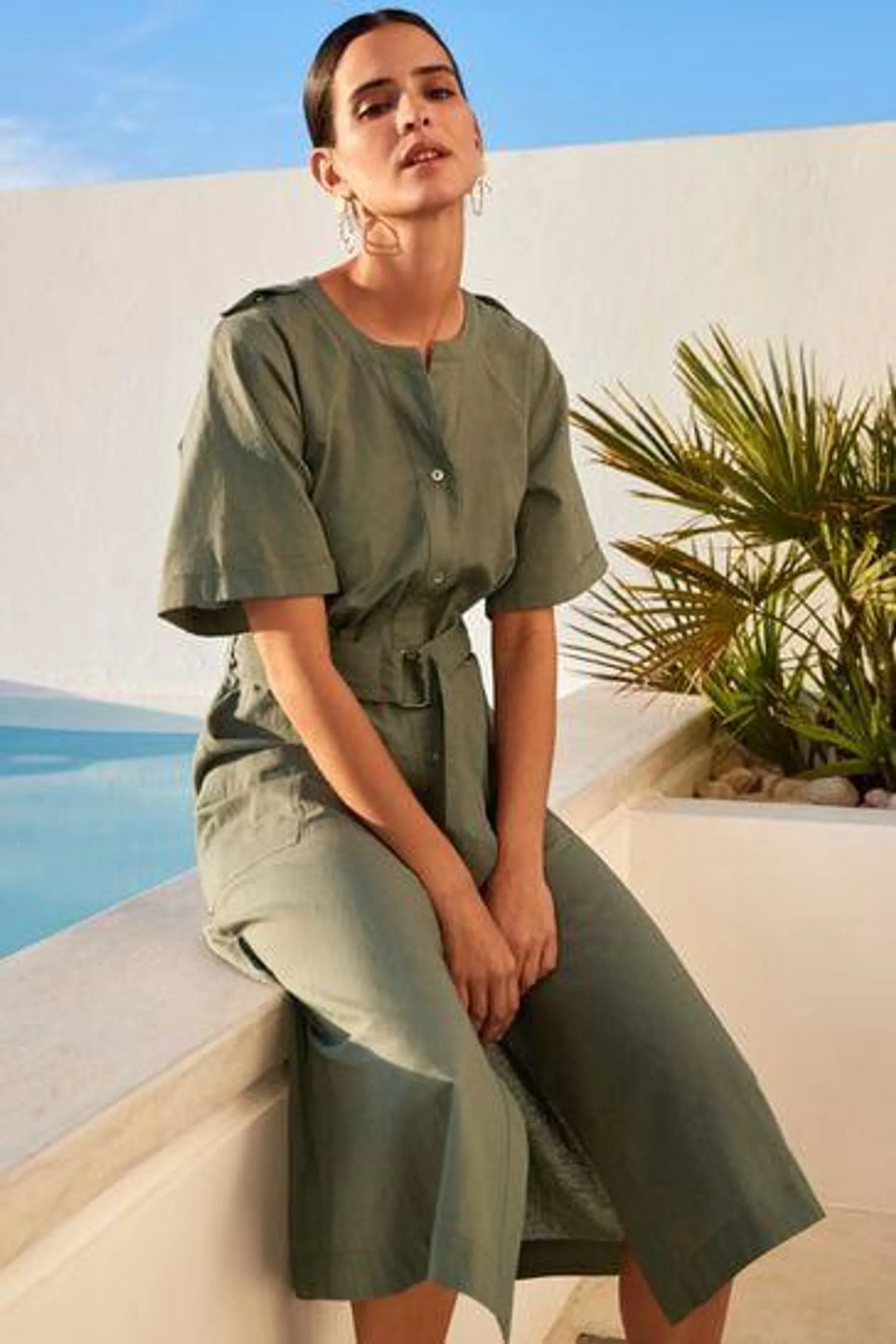 Khaki Green Utility Midi Shirt Dress with Linen
