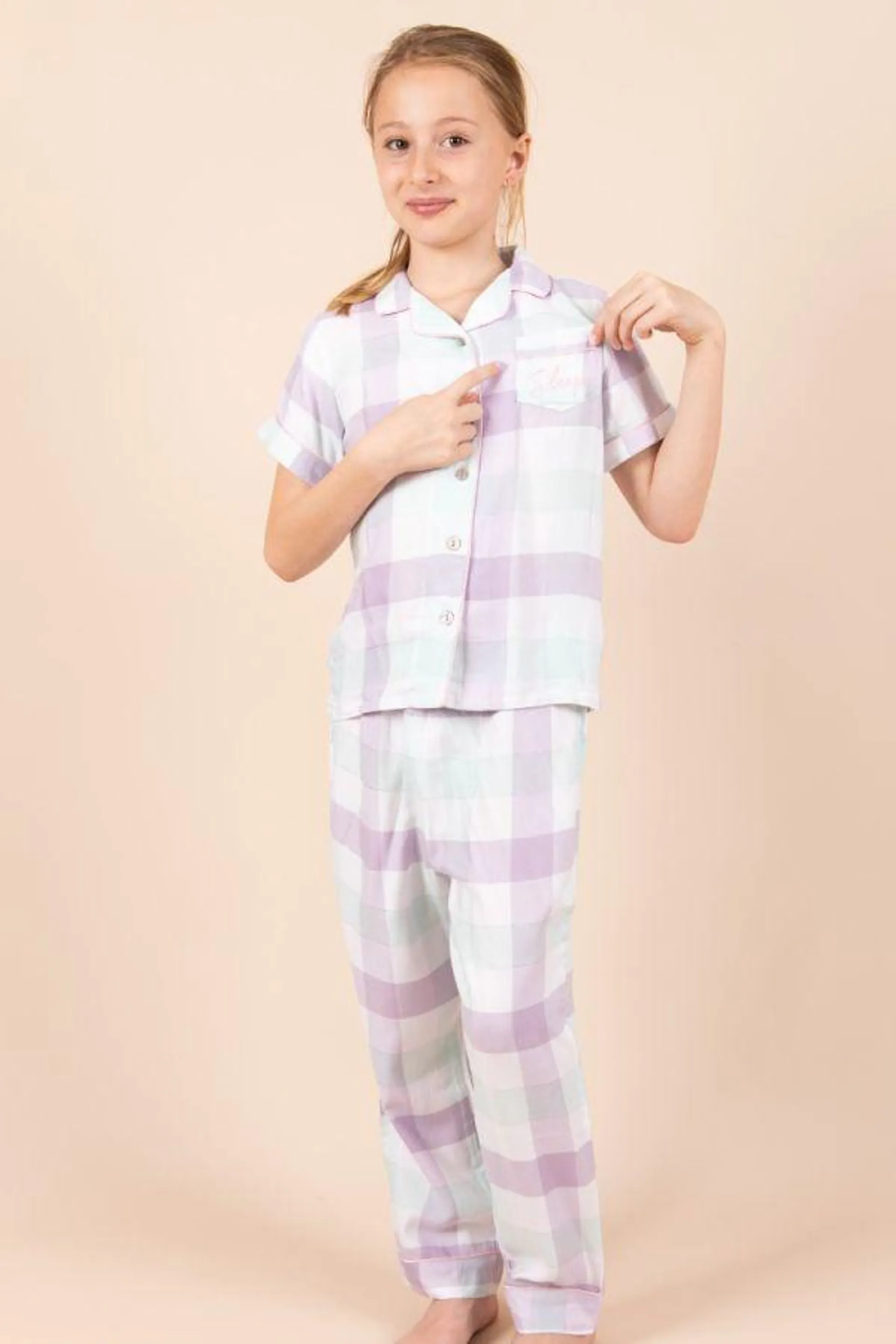 Girls Mint Lilac Check Button Through PJ