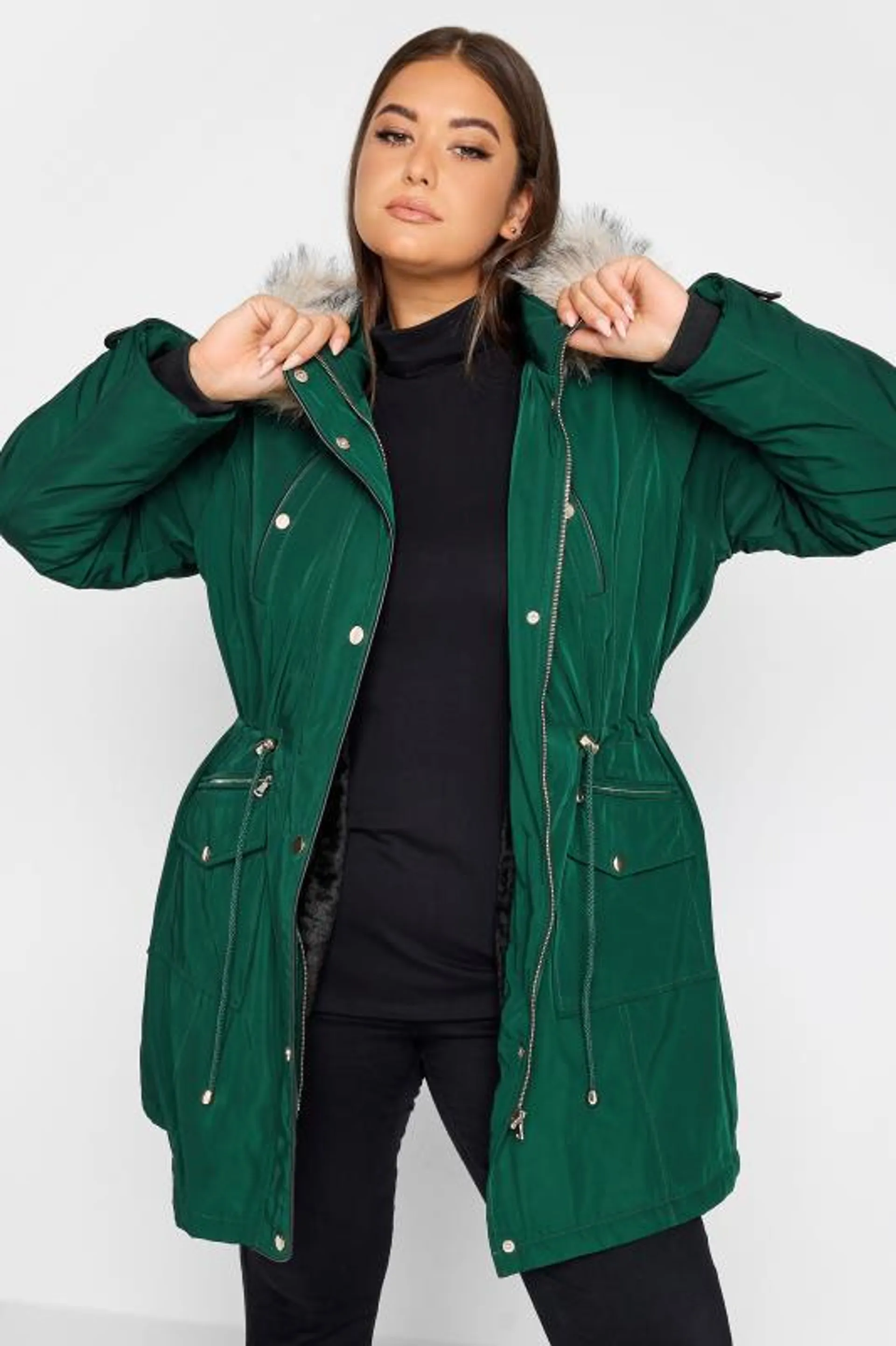 YOURS Curve Forest Green Faux Fur Trim Hooded Parka Coat