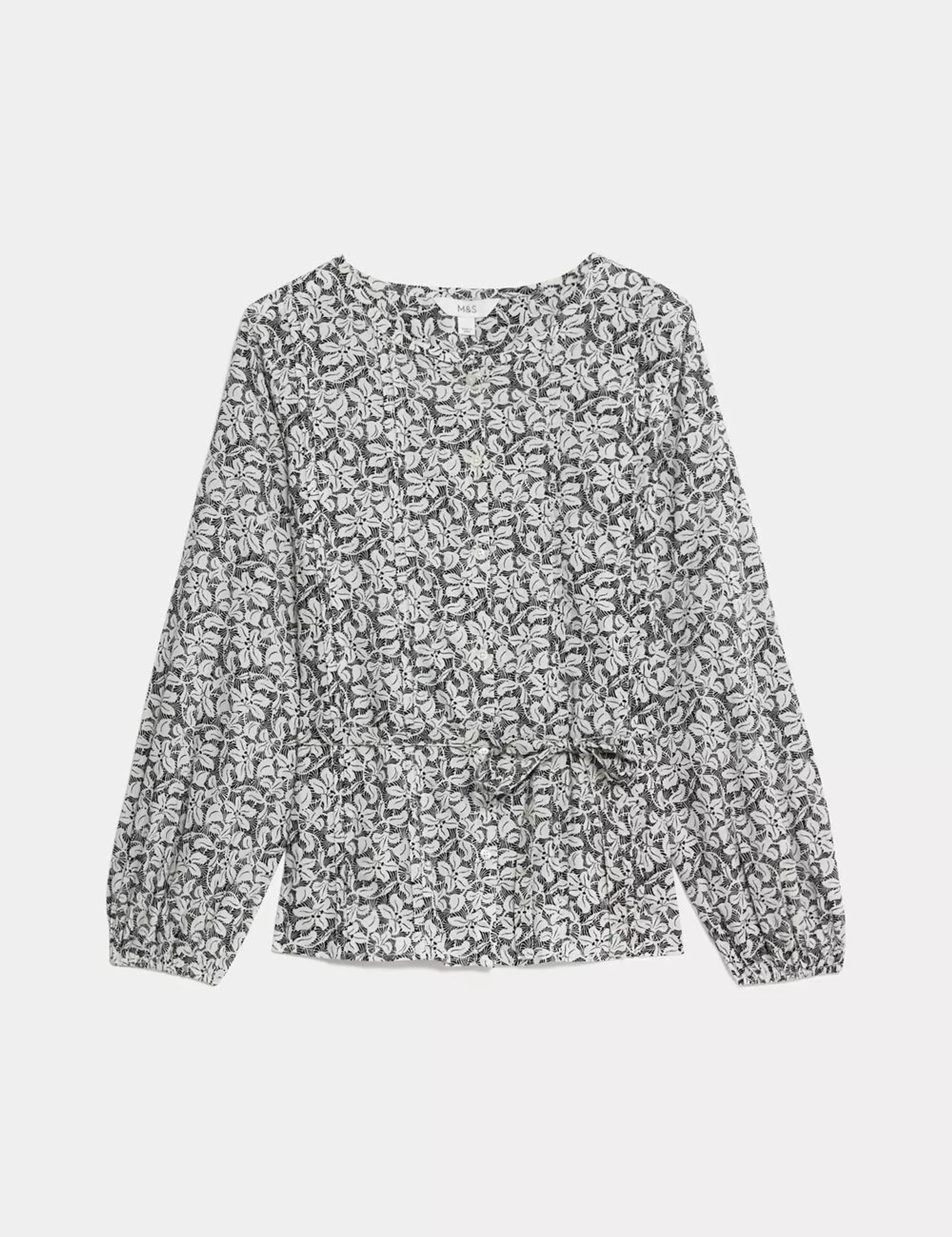 Pure Cotton Printed Crew Neck Tie Front Blouse