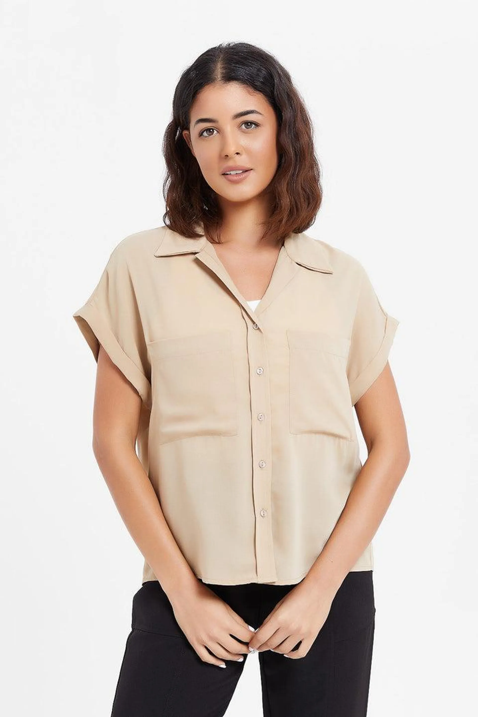 Women Beige Front Button Blouse