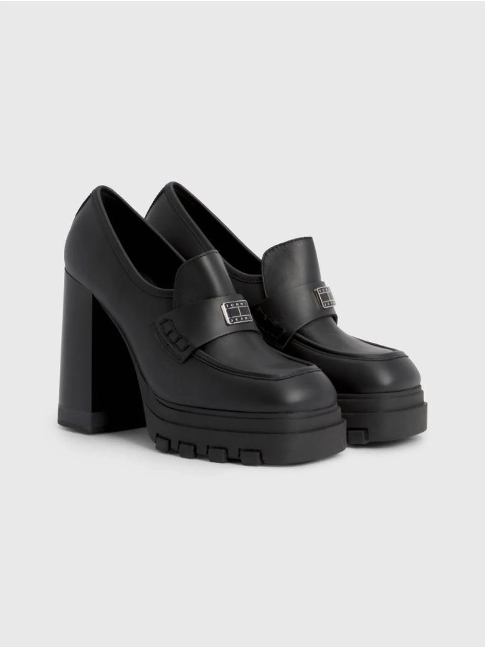 Leather Block Heel Loafers