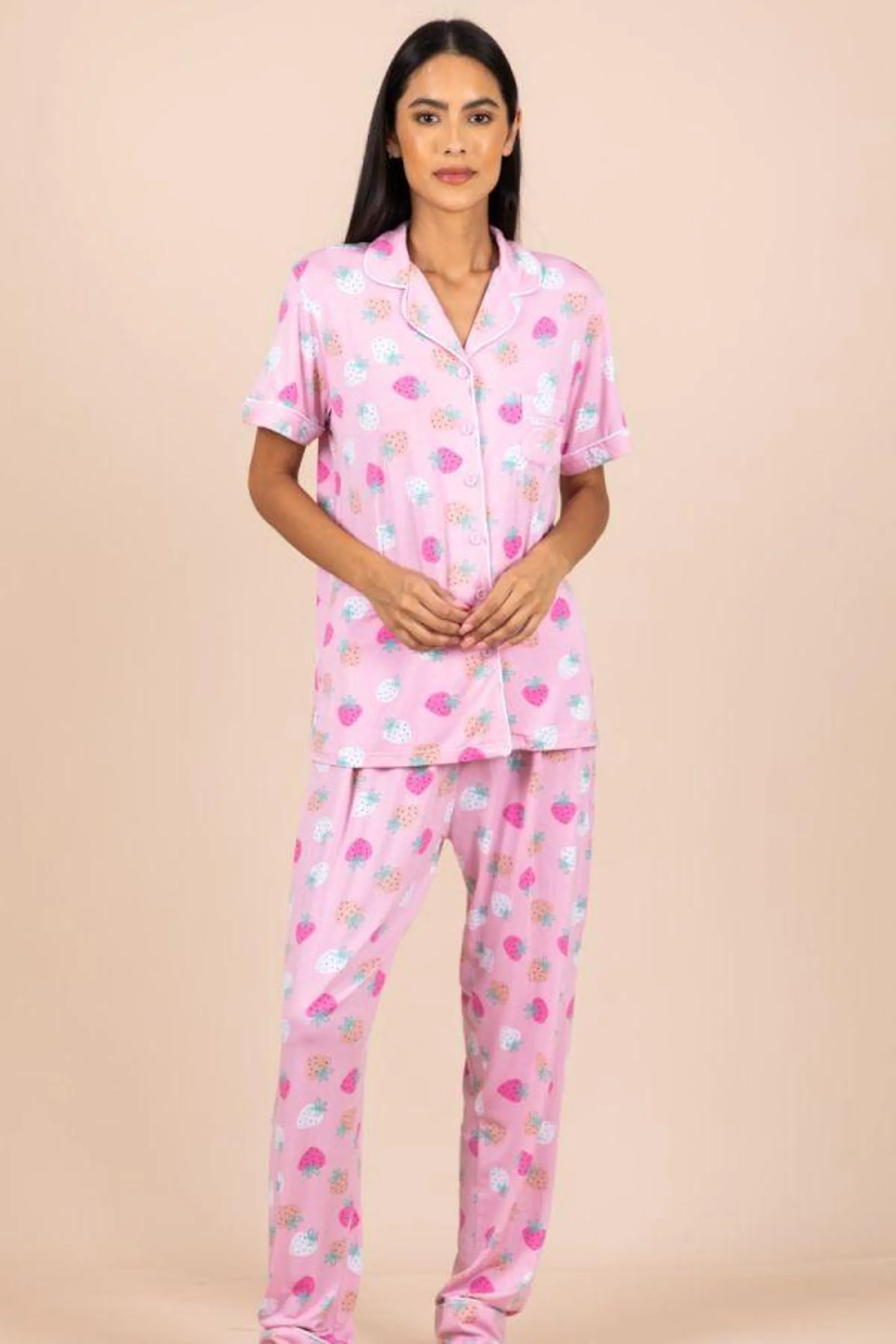 Ladies Pink Strawberry Button Through PJ