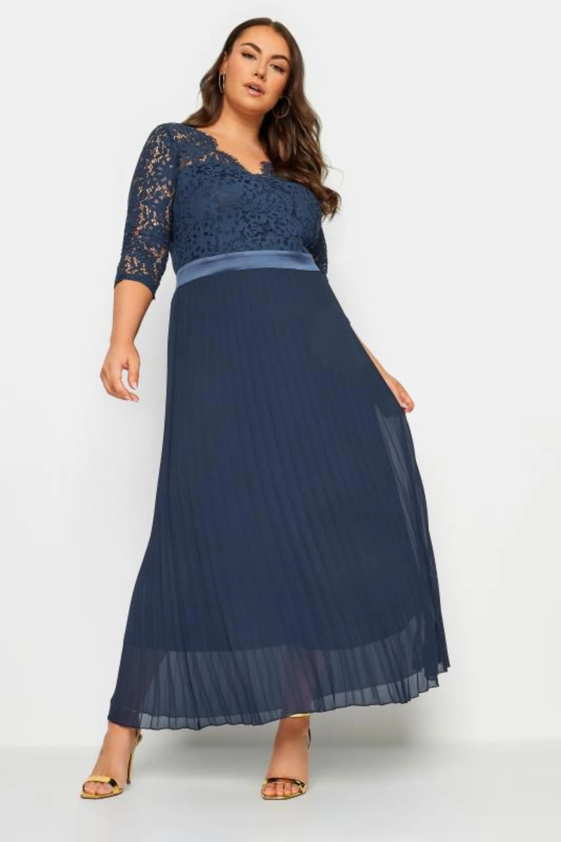 YOURS LONDON Curve Navy Blue Lace Wrap Pleated Maxi Dress