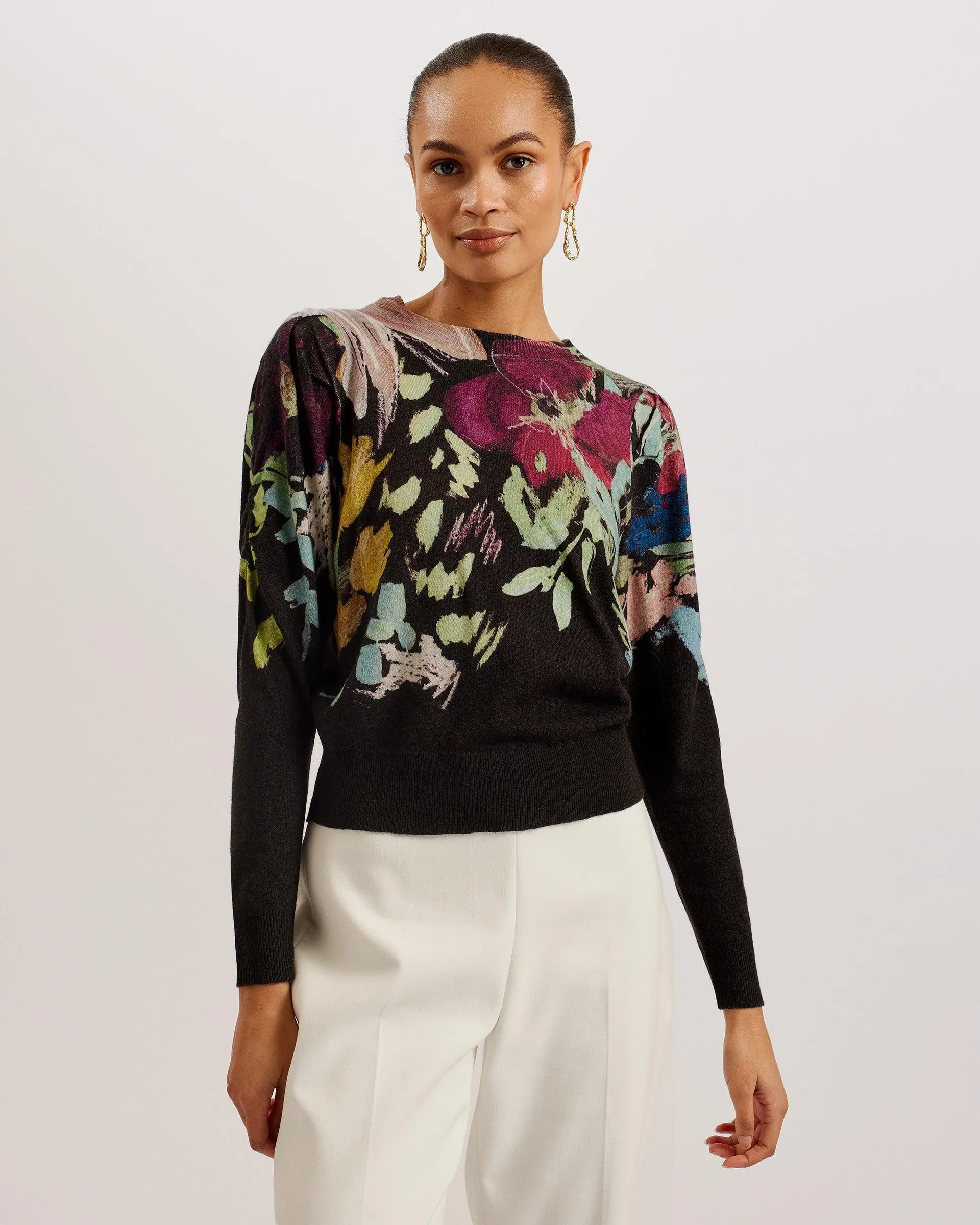 Magarit Pleated Long Sleeve Printed Sweater Black